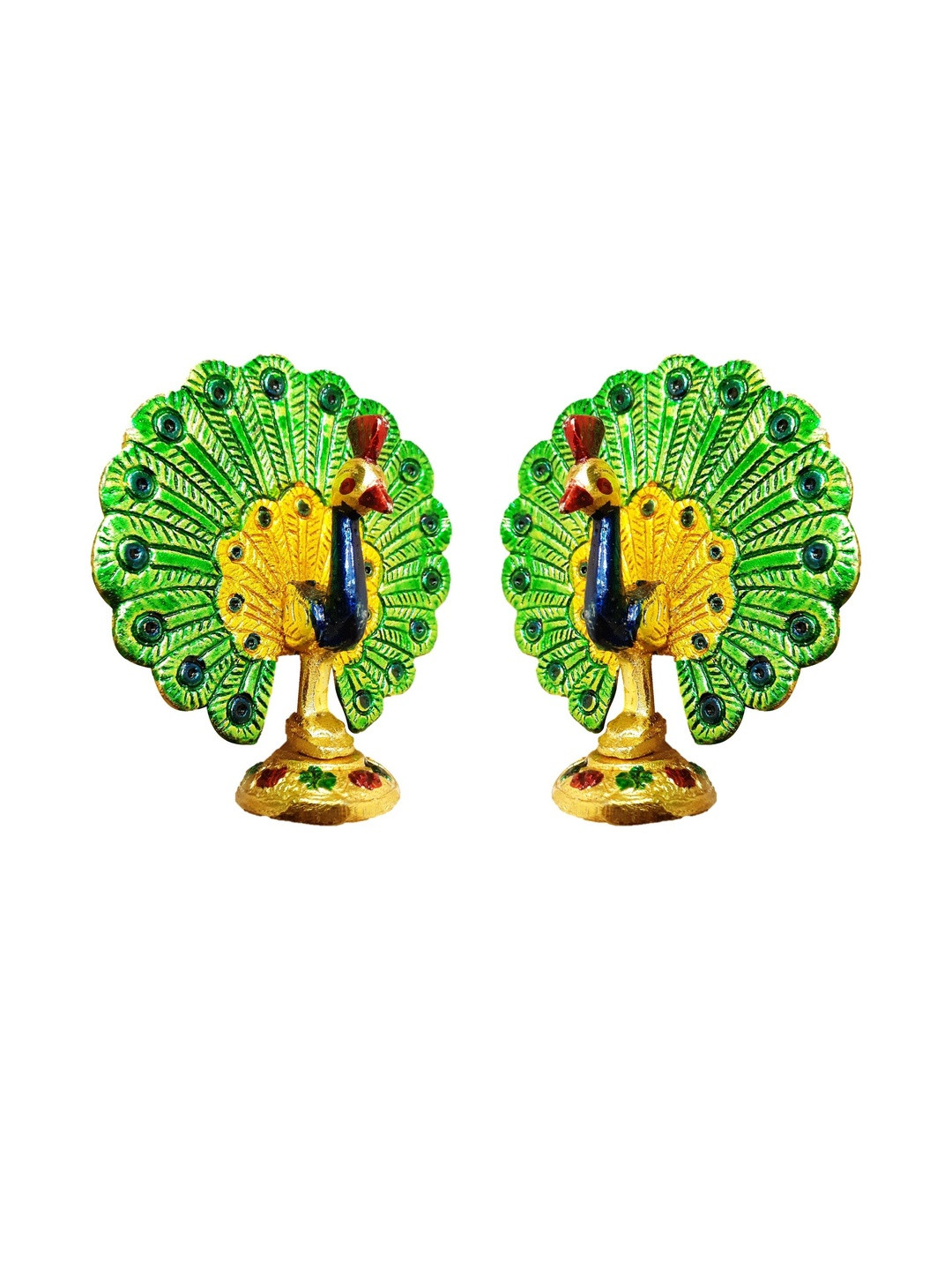 Afterstitch Multi Colored Set Of 2 Peacock Bird Figurine Showpieces Metal Statues