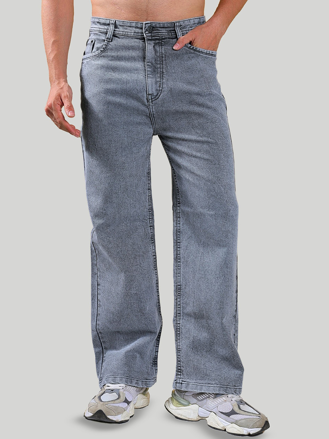 ZXN CLOTHING Men Jean Wide Leg Mid-Rise Light Fade Stretchable Jeans