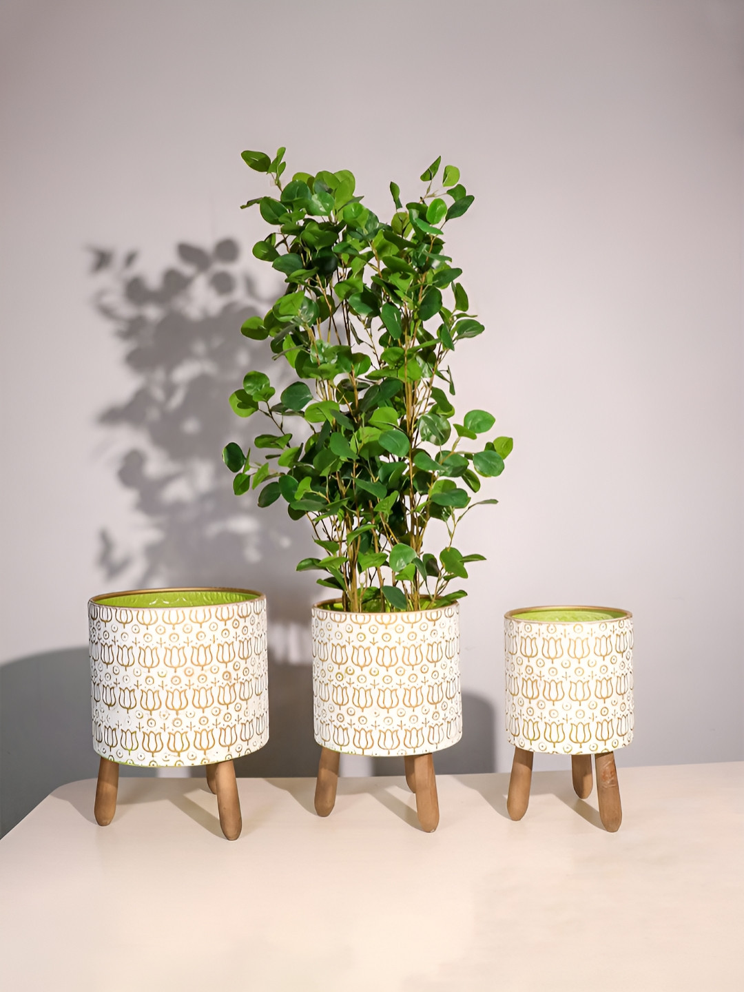 Art Street White & Brown 3 Pieces Lotus Pattern Wooden Planters With Stands