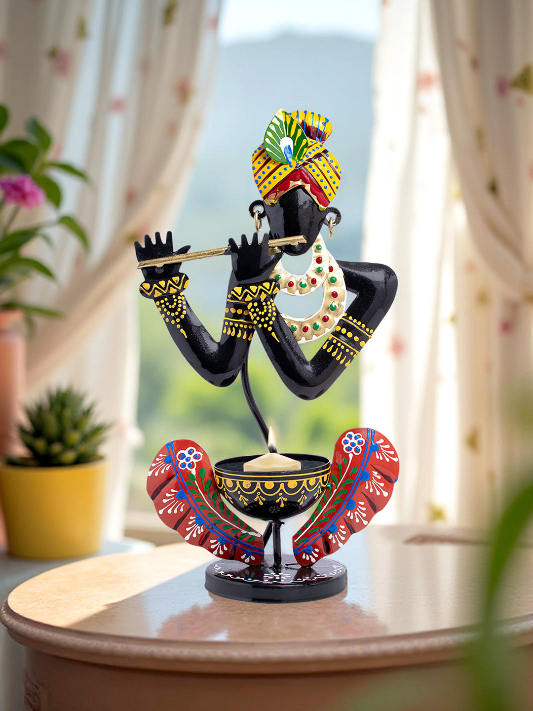Golden Peacock Black & Orange Handpainted T-Light Krishna Candle Holder