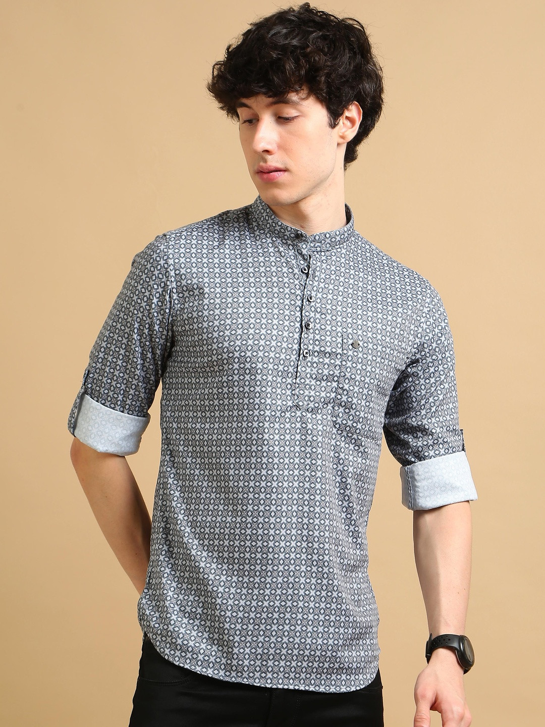 COOL COLORS Men Grey Slim Fit Printed Full Sleeve Casual Kurta Shirt