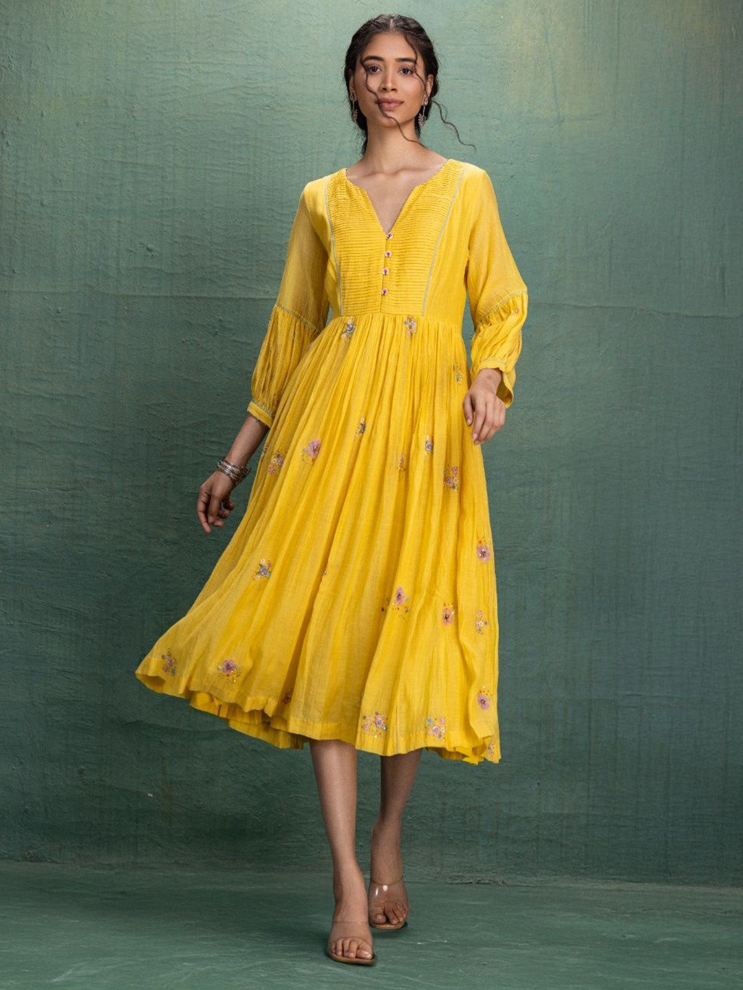 Kahani Lush Women Floral Embroidered Puff Sleeve Fit & Flare Midi Dress