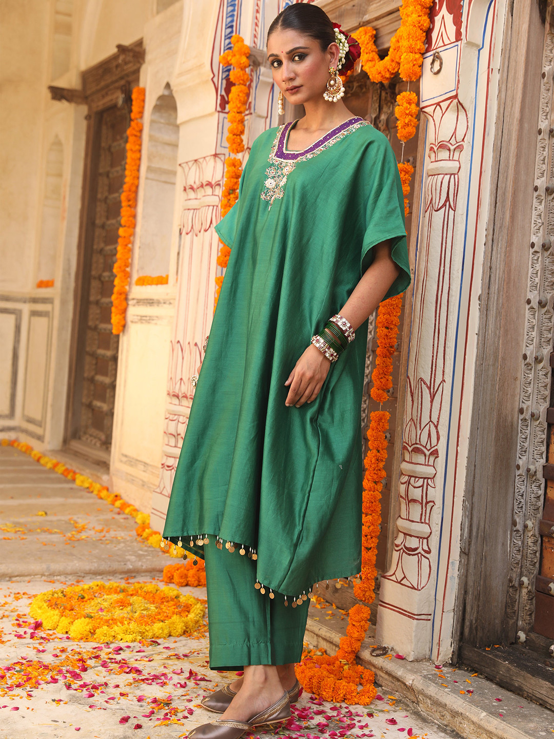 AMOREE Women Green Embroidered Thread Work Art Silk Hazel Kaftan Kurta & Trousers