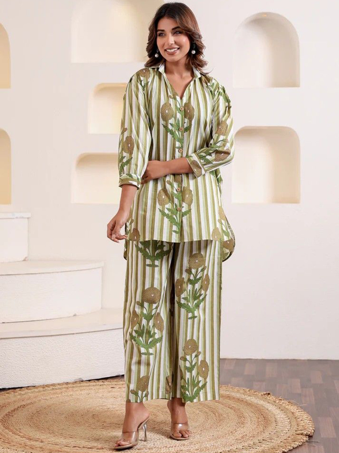 MANVAAR JAIPUR Striped Pure Cotton Shirt & Trouser