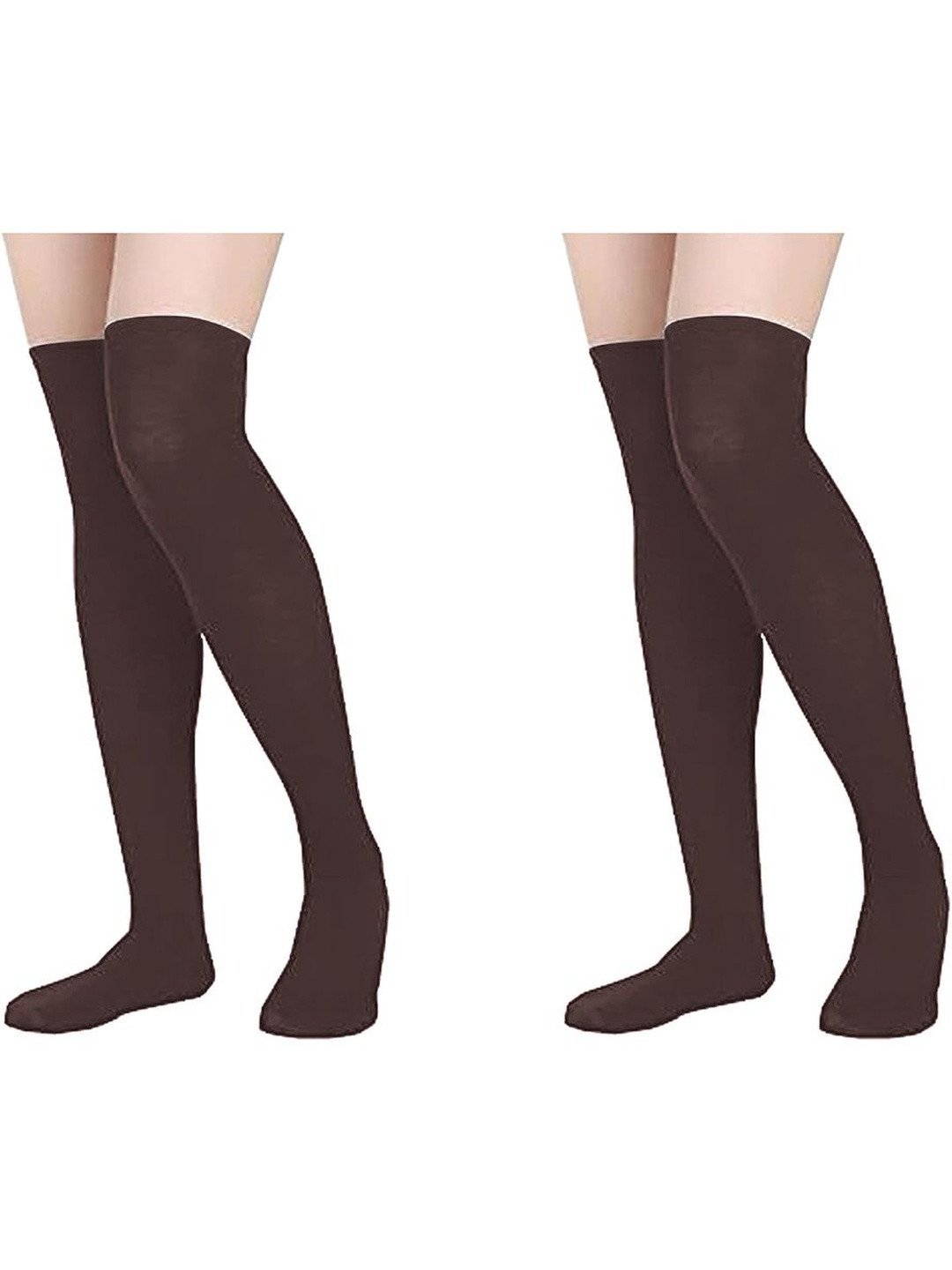 MUKHAKSH Women 2 Pairs of Brown Cotton Thigh Length Stocking Socks