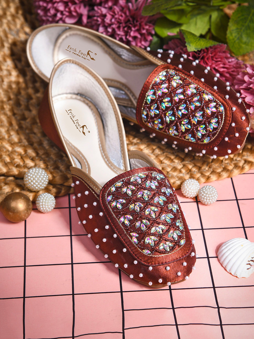 Froh Feet Women Embellished Square Toe Ethnic Mojaris  with Crystal Accents