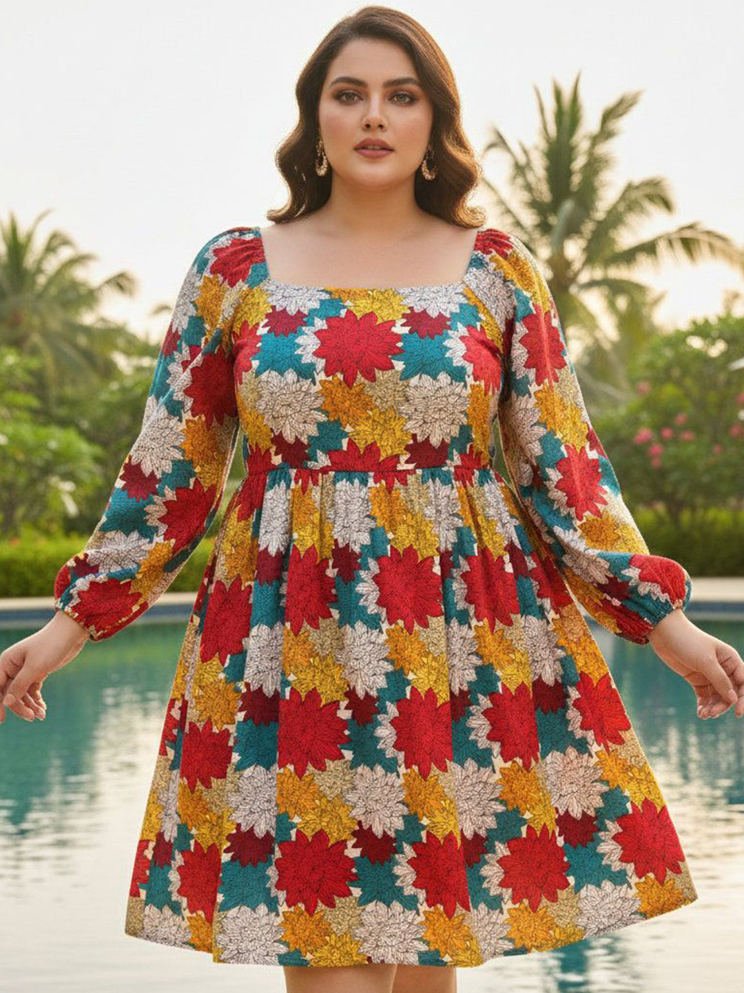 U&F Beyond Floral Print Puff Sleeve Fit and Flare Above Knee Gathered or Pleated Dress