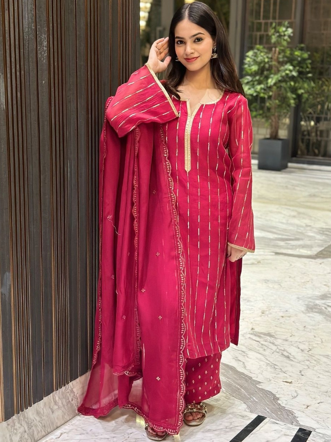 Akaya Woven Design Manderin Collar Chanderi Silk Kurta With Palazzos & Dupatta