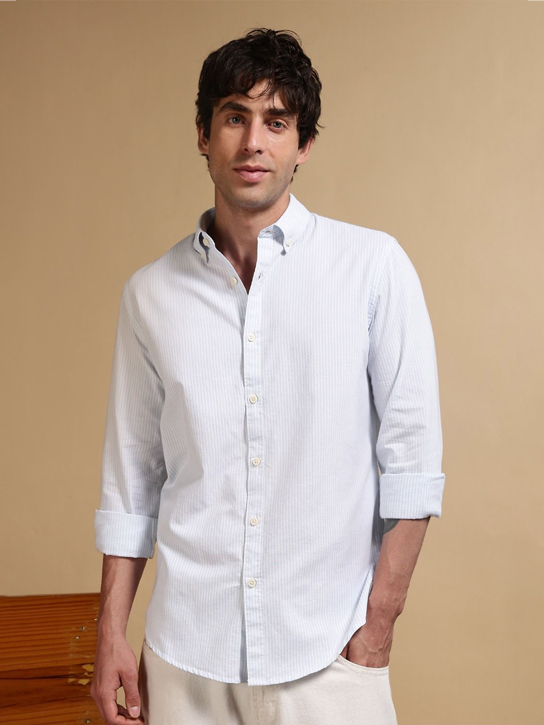 Blu MNKY Men Classic Slim Fit Vertical Striped Button-Down Collar Cotton Casual Shirt