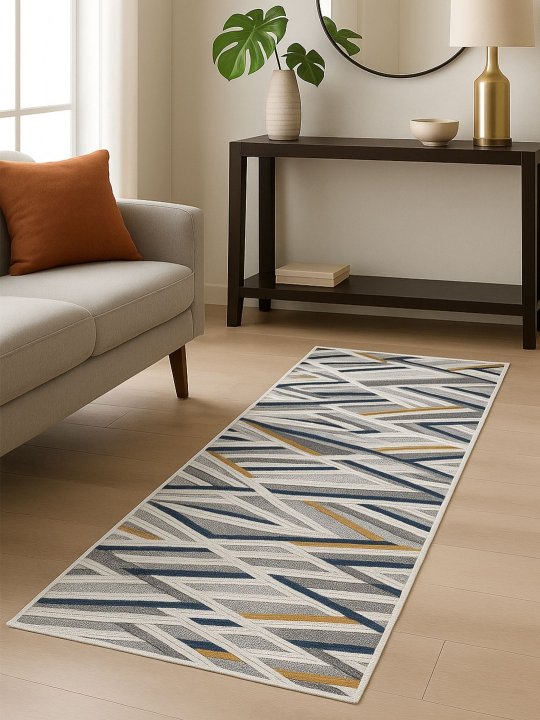 OBSESSIONS Beige & Blue Geometric Water-Repellant Ecological Resilient Bedside Runner