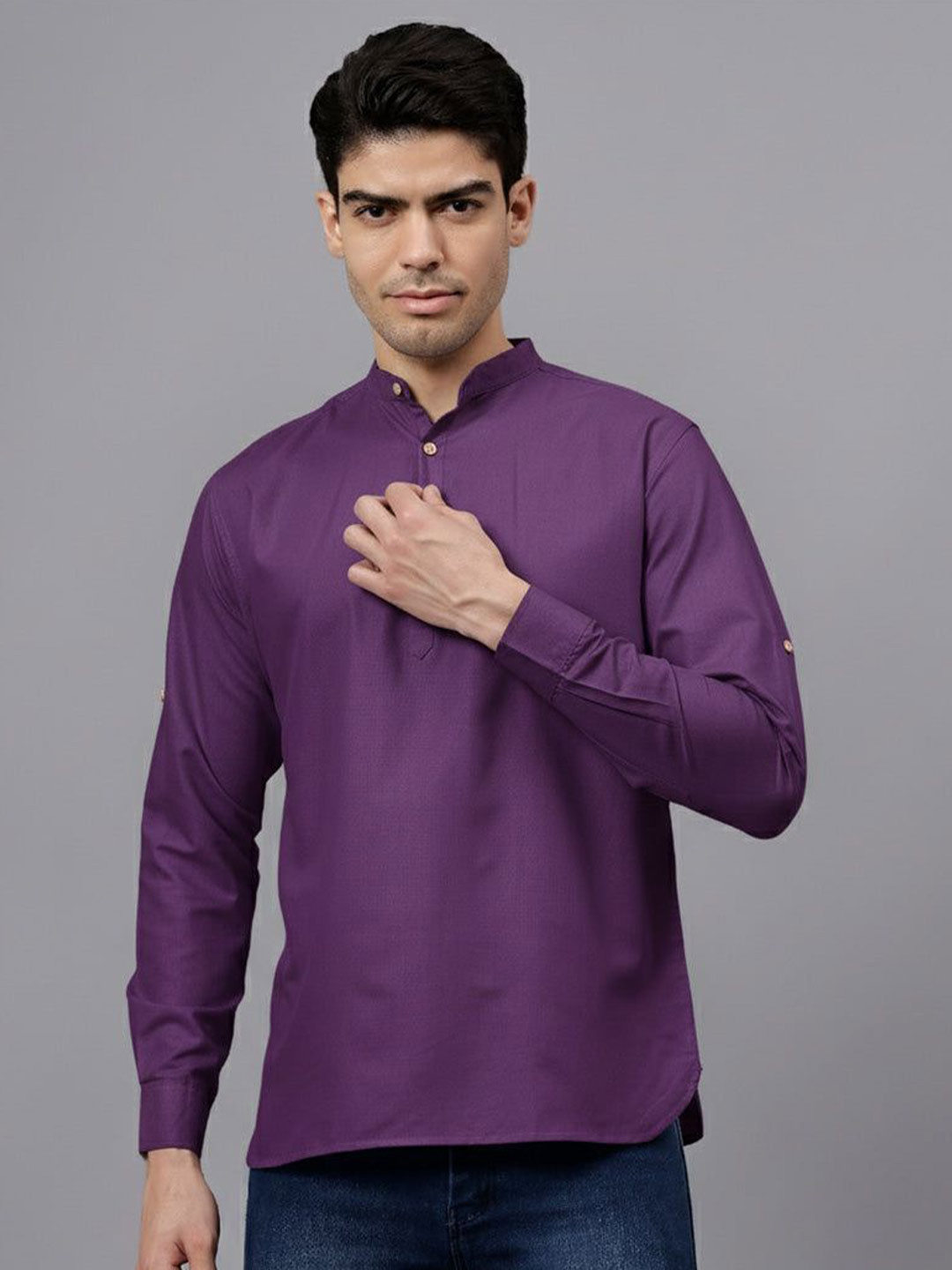 Sumit online Men Band Collar Roll-Up Sleeves Straight Short Kurta
