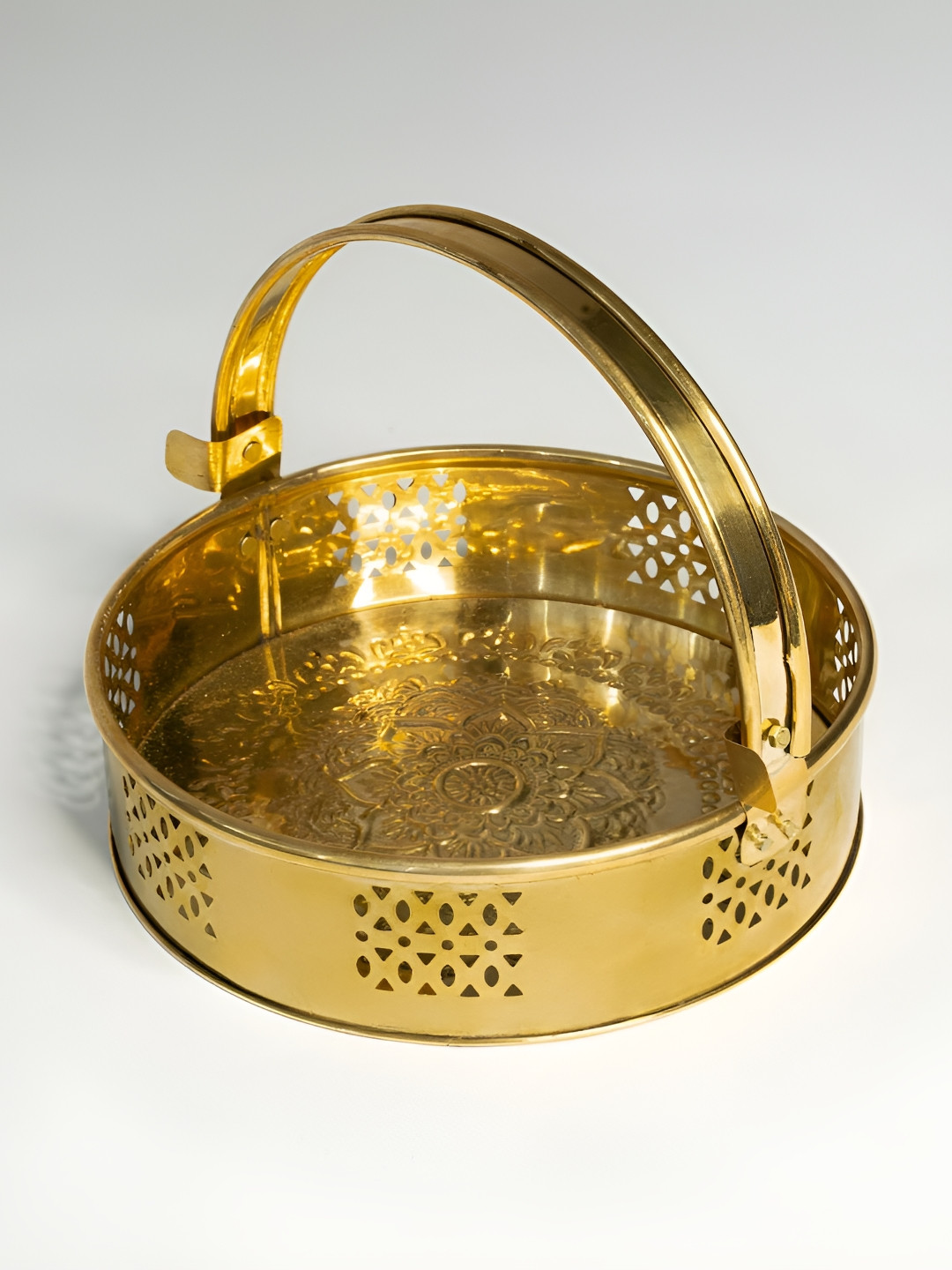 prettykrafts Gold Toned Brass Round Pooja Basket With Handle