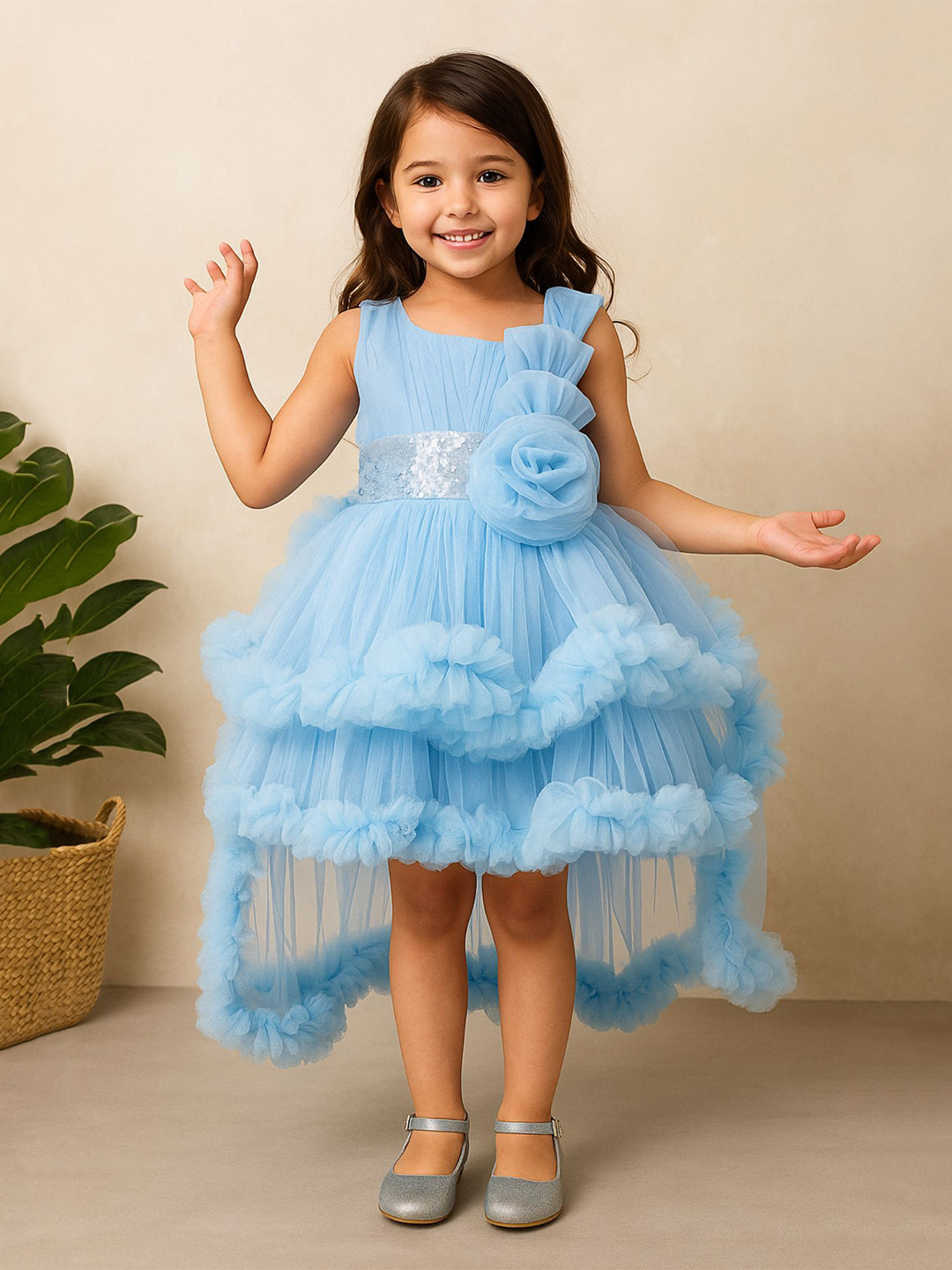 Lagorii Girls Blue Layered Ruffled With Sequins Party Frock