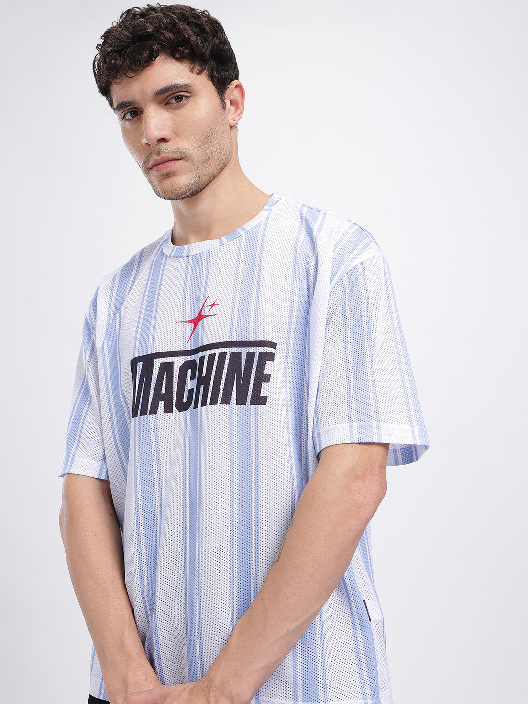 glitchez Typography Printed Vertically Striped Oversized T-shirt