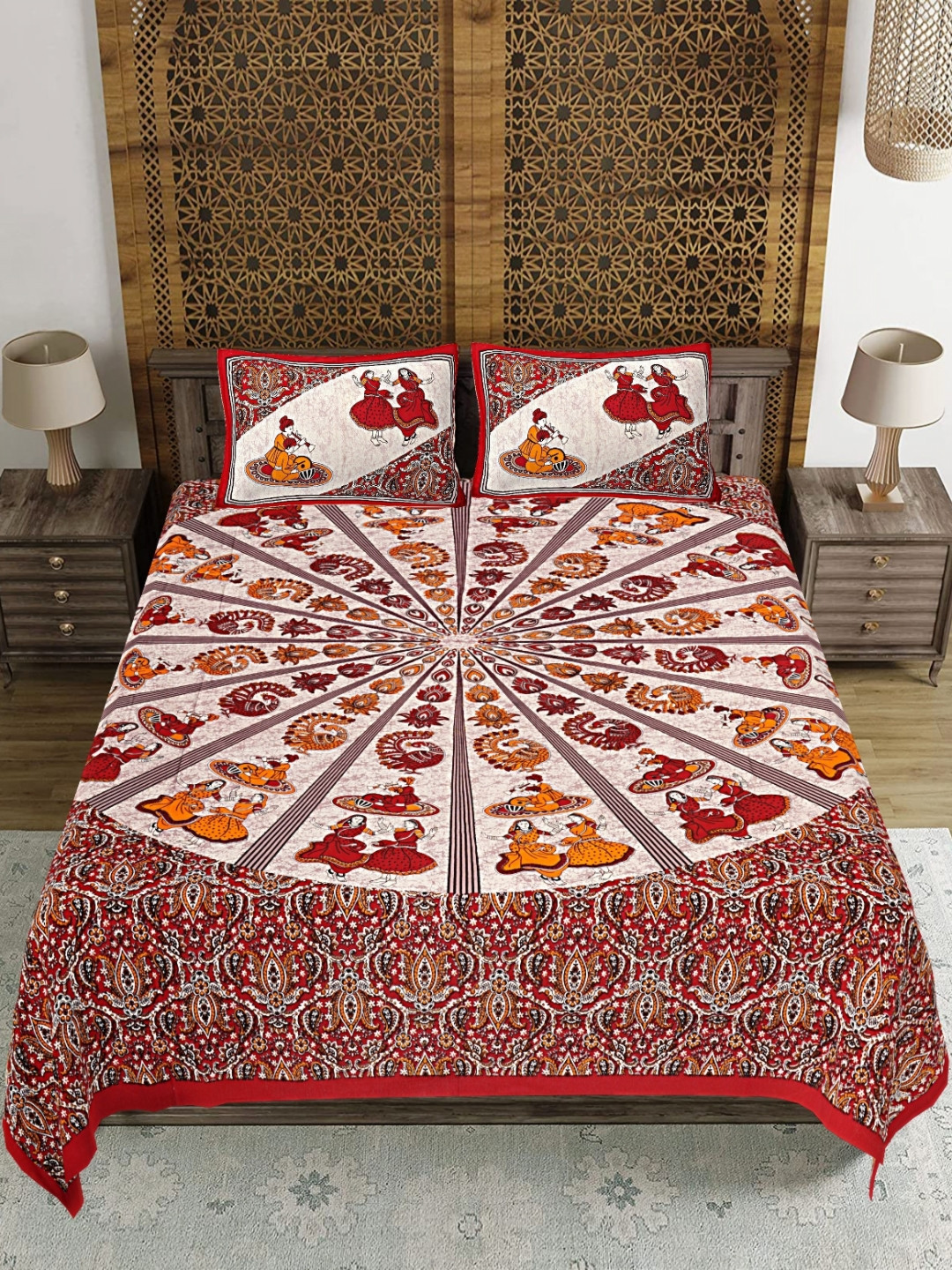 Cotton Choice Beige & Red Printed Cotton 180 TC Double King Bedsheet Set 2.15 m  x 2.35 m
