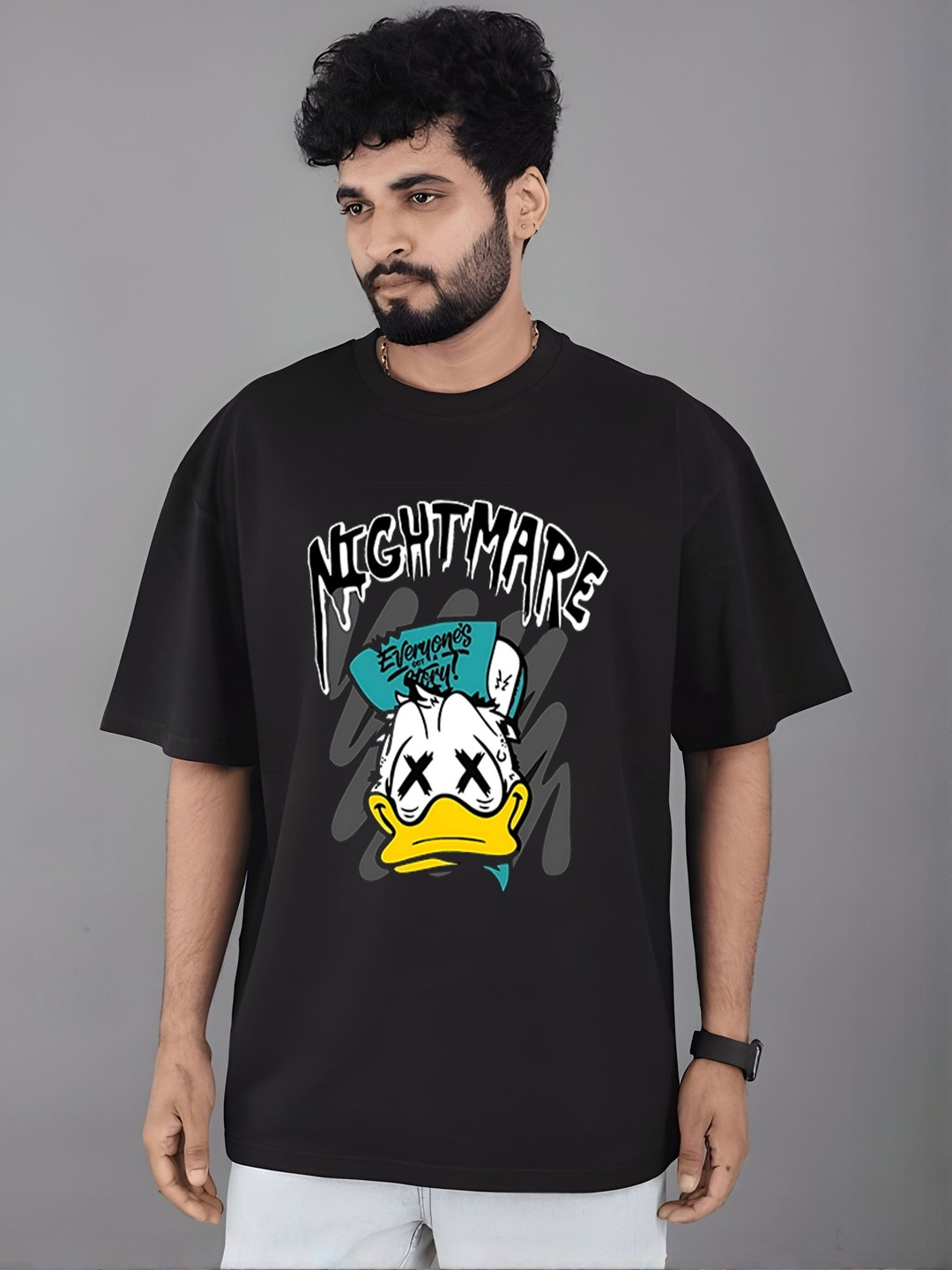 Moda Rapido Donald Duck Printed Round Neck Drop-Shoulder Sleeves Oversized T-shirt