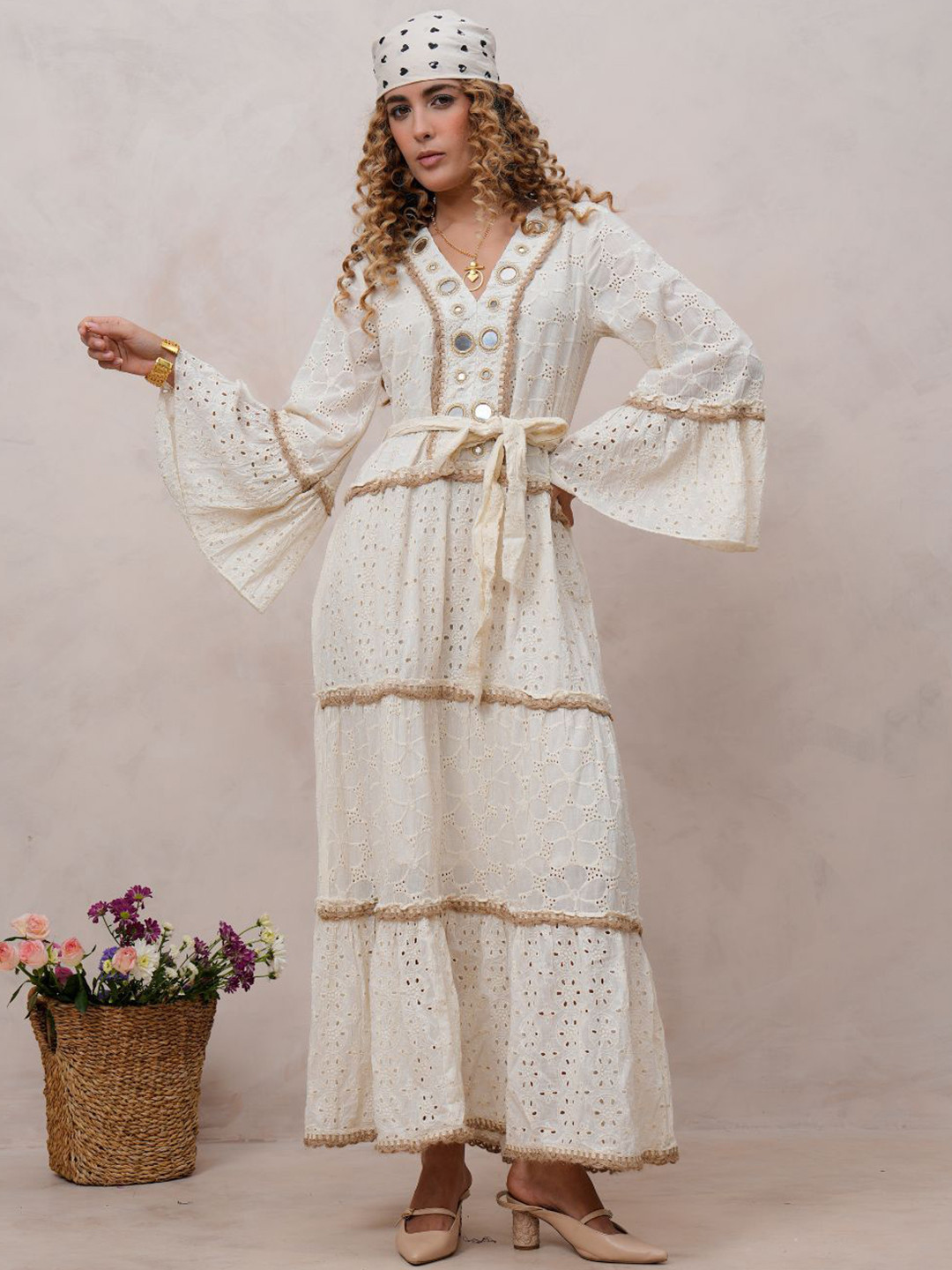 Zolo Label Women Off White Cotton Embroidered Maxi Dress