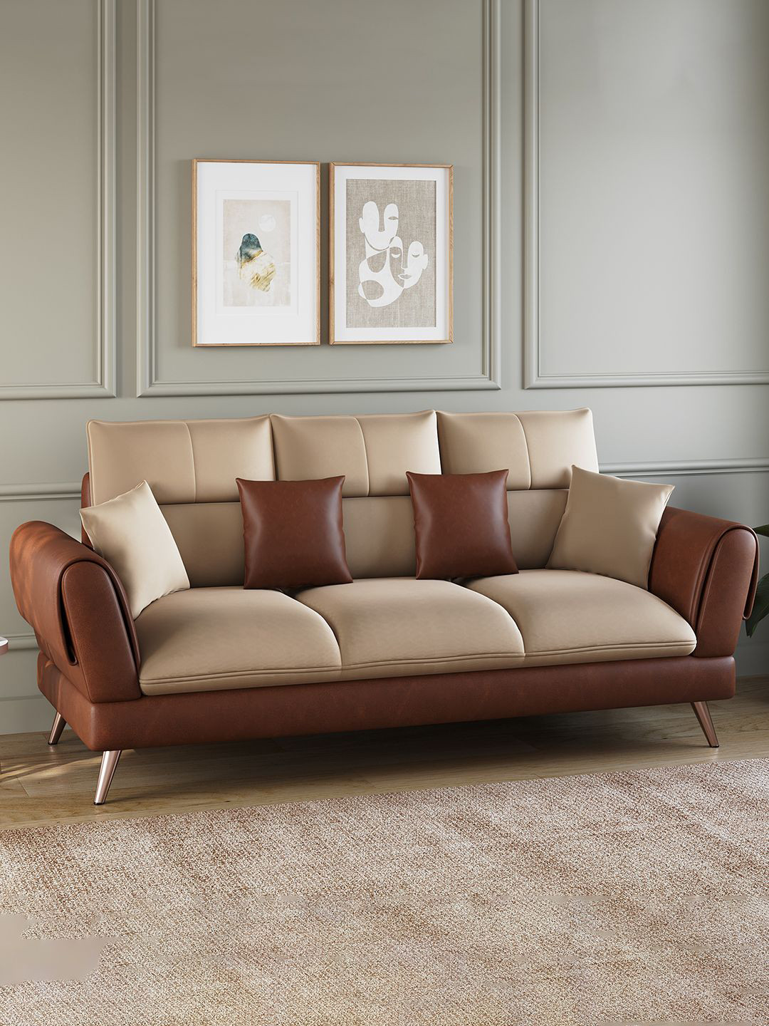 ARRA Ira Brown & Beige Leatherette 3-Seater Designer Sofa
