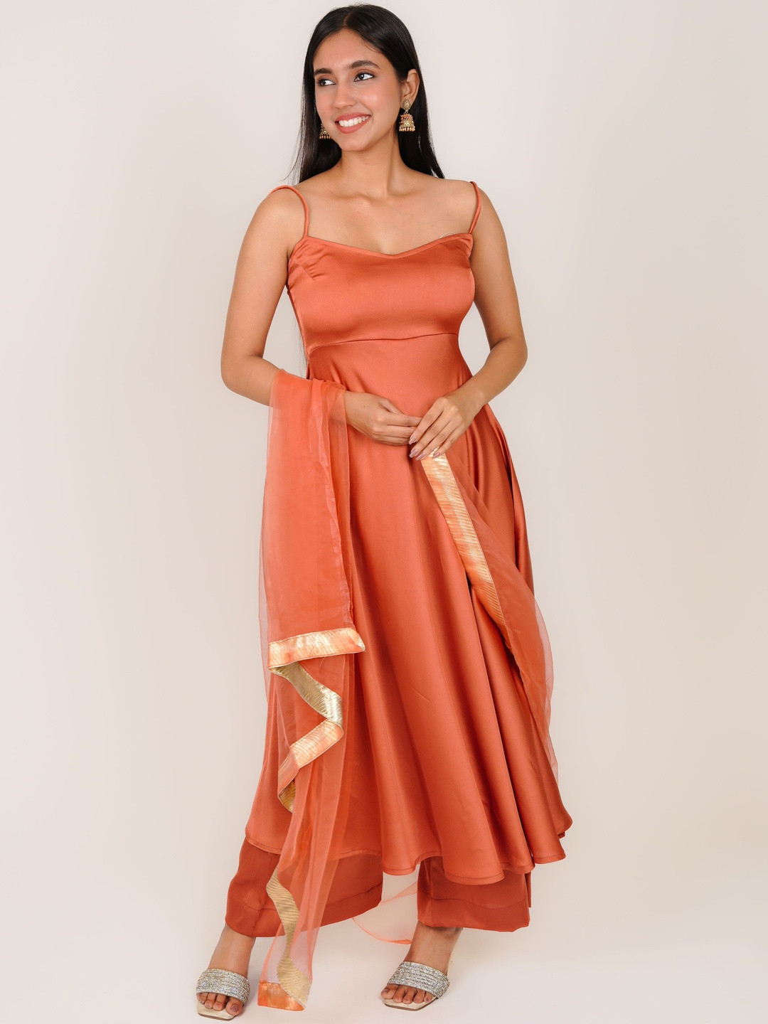 MONOMEE Shoulder Strap Anarkali Satin Kurta With Palazzos & Dupatta