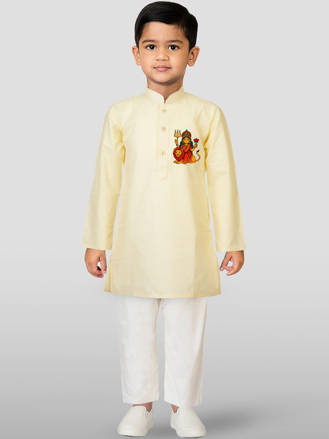 JBN Creation Boys Maa Durga Printed Cotton Kurta & Pyjamas Set