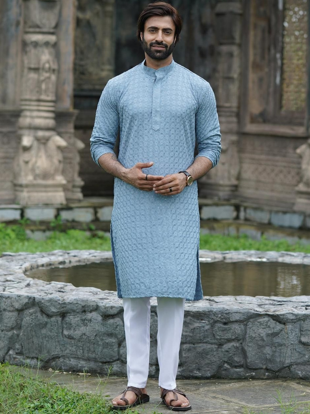 INDIROOP Men Embroidered Regular Chikankari Kurta with Pyjamas