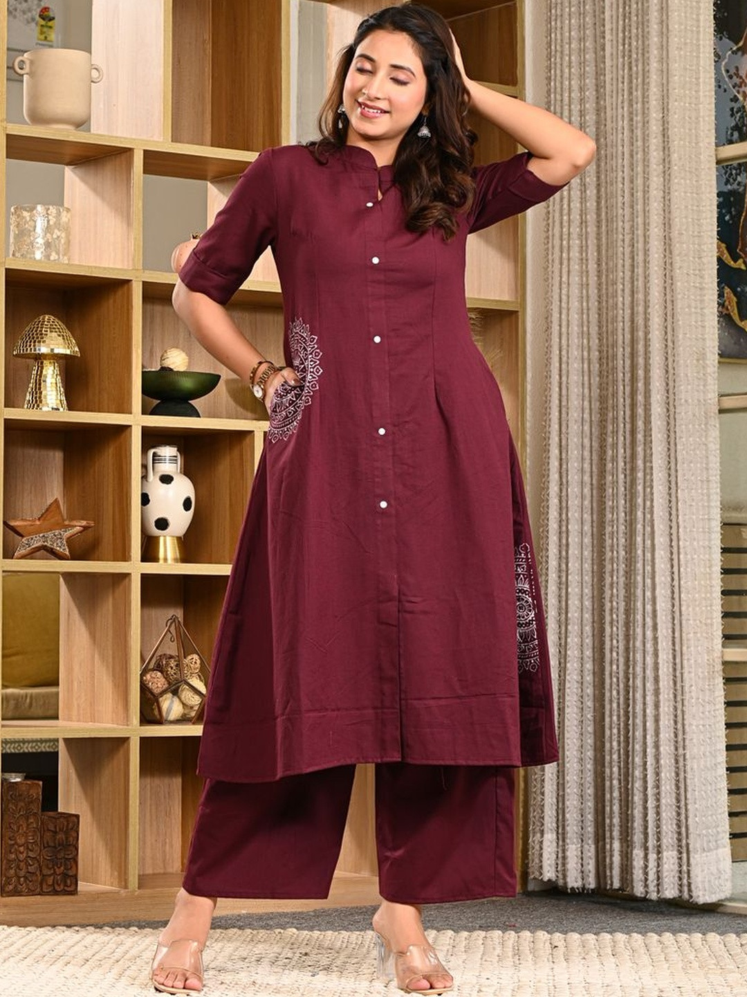 Indi INSIDE Women Ethnic Motifs Printed Cotton A-Line Kurta with Trousers