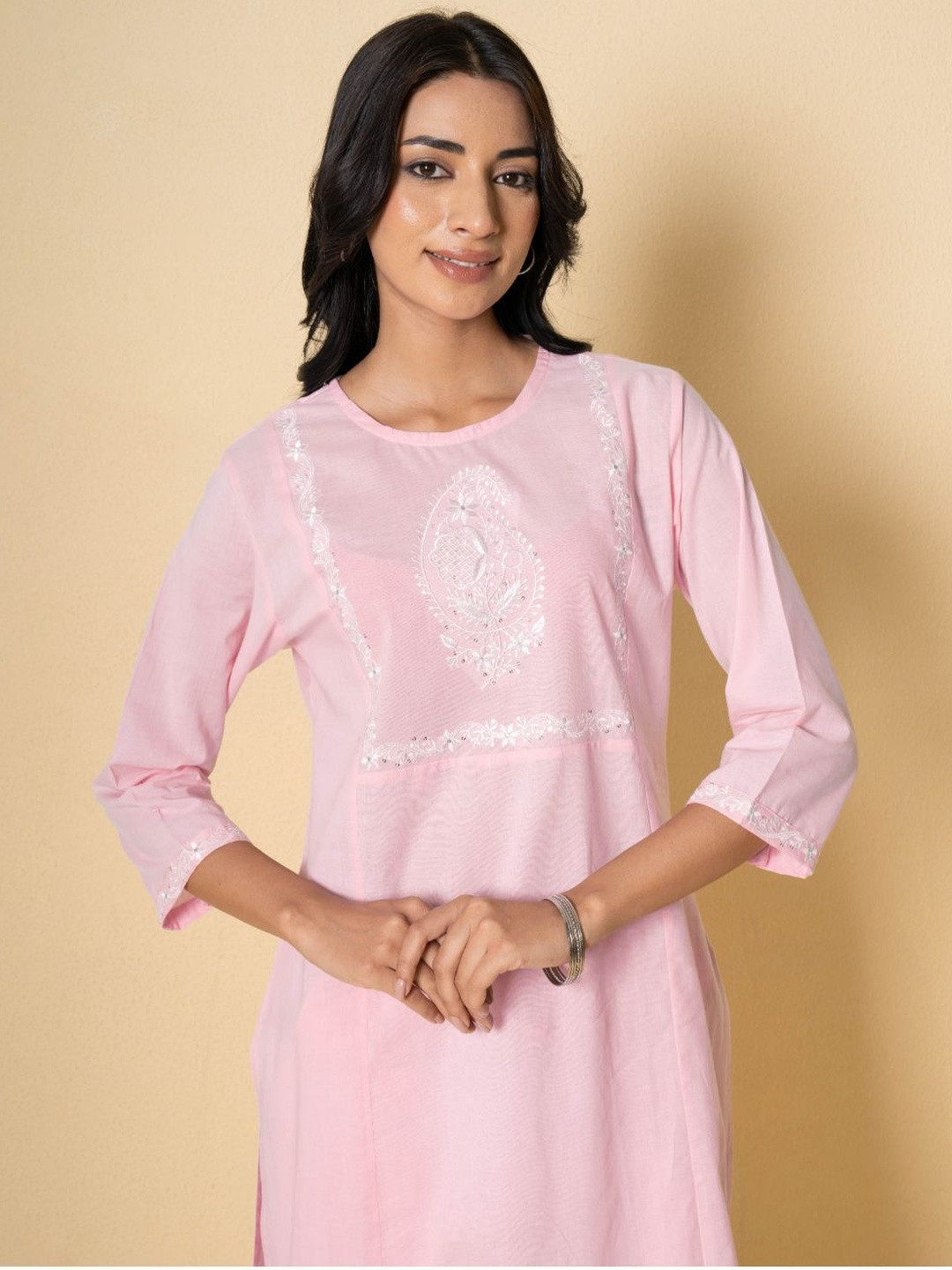 Pink Earth Embroidered Thread Work Pure Cotton Kurta With Trousers