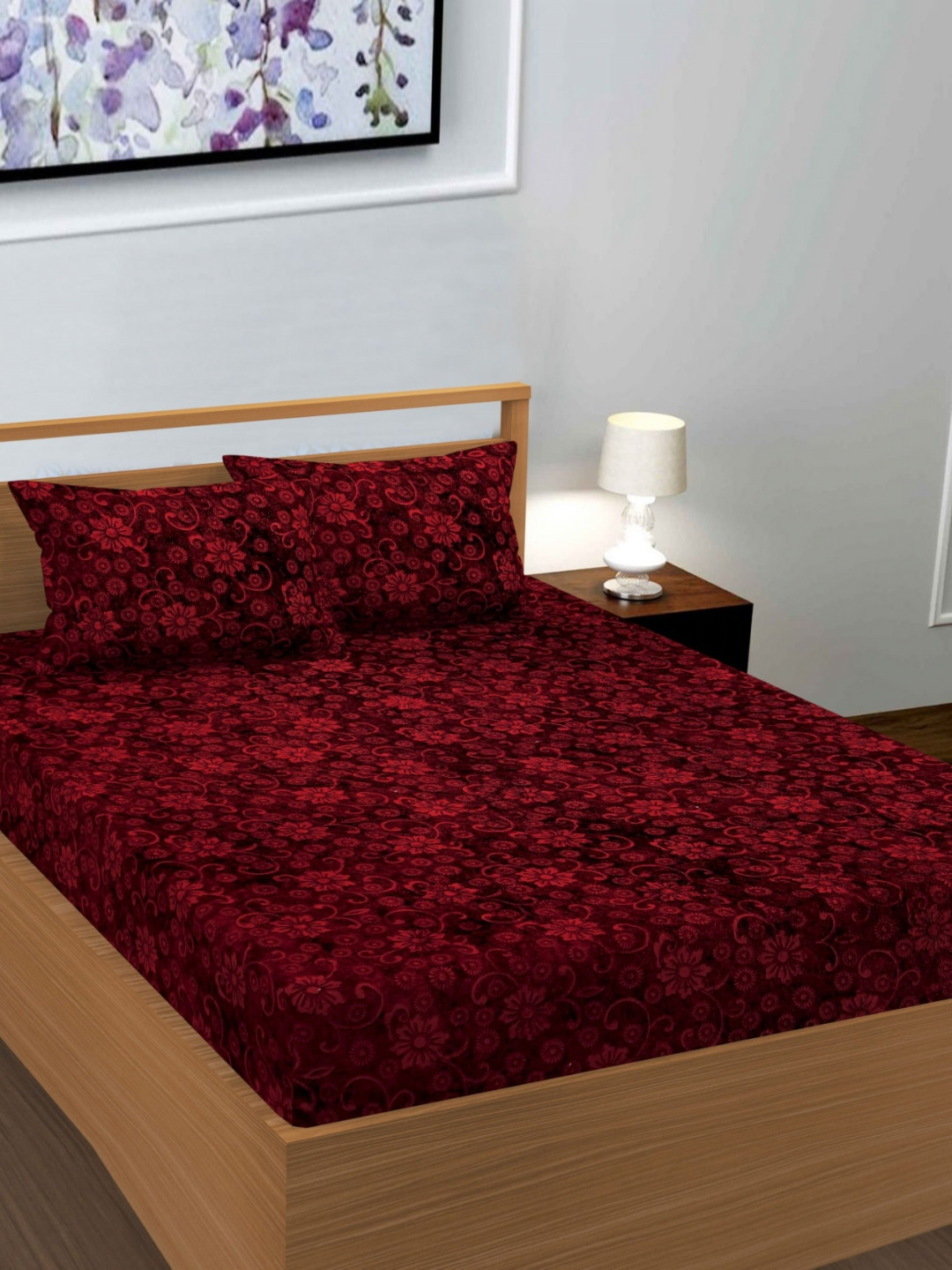 BLUEDOT Maroon & Black Floral Printed Fitted 300 TC King Bedsheet Set 1.98 m x 1.82 m