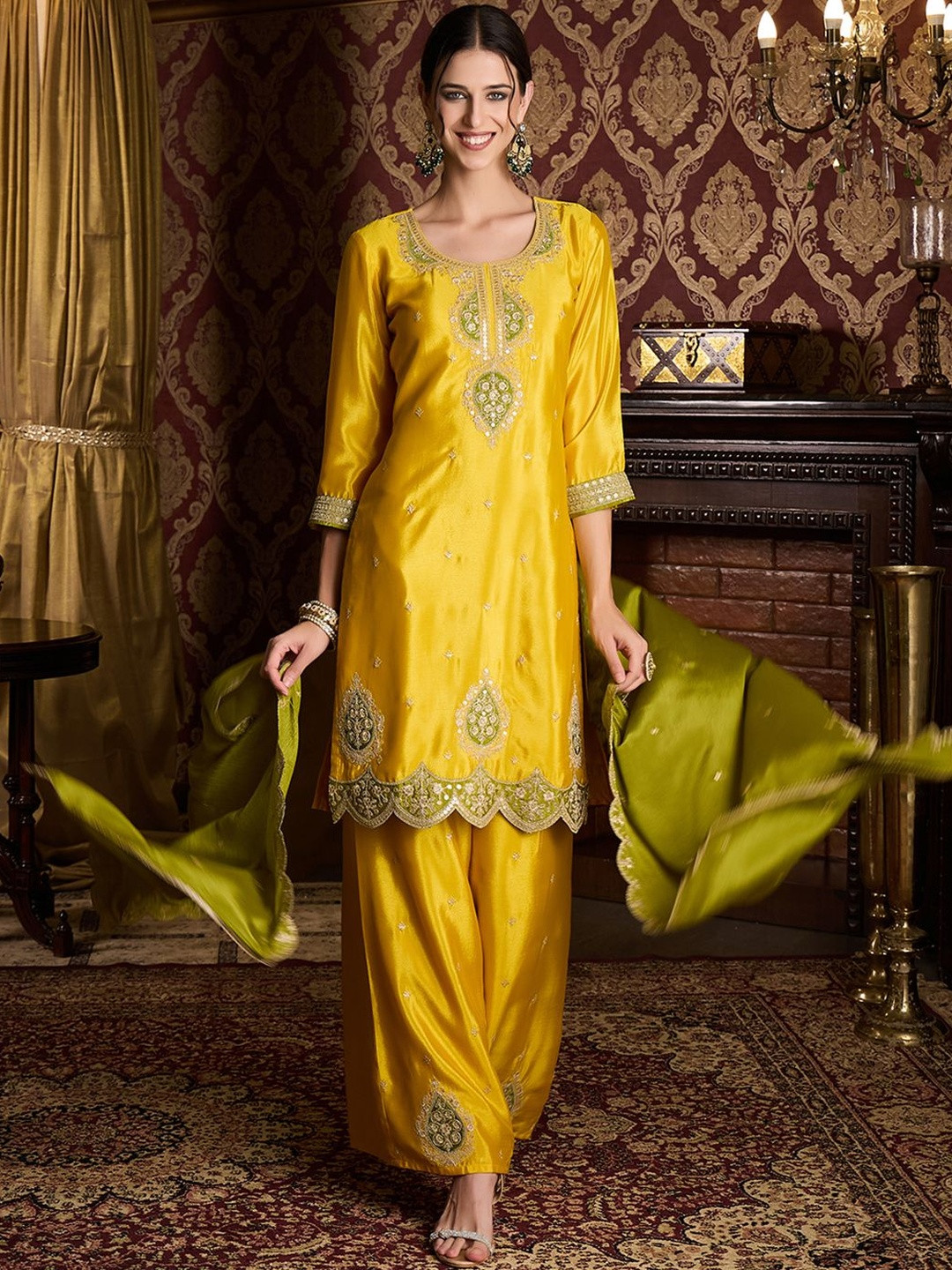 CHHAAP Women Floral Embroidered Zari Sequence Thread Work Kurta with Palazzos & Dupatta Set