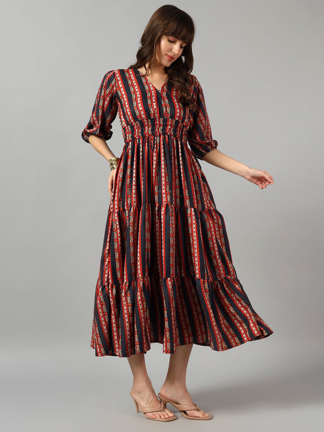 Krunal Raiyani Straped Printed Puff Sleeve Fit & Flare  Tiered Midi Dress