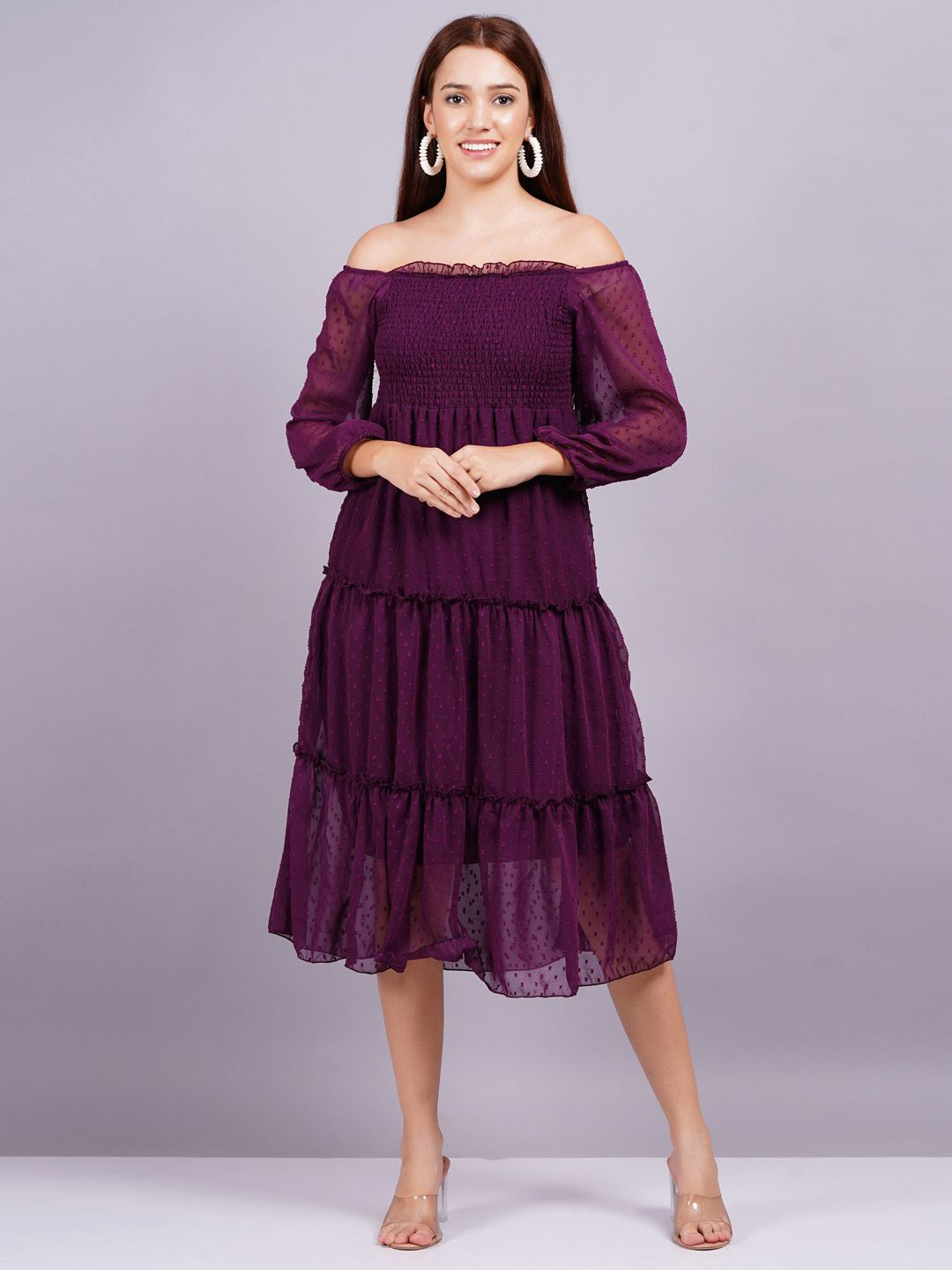 HIGHLIGHT FASHION EXPORT Off-Shoulder Fit & Flare Smocked Tiered Midi Dress