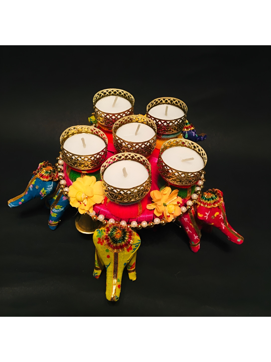 Sellplus Red & Yellow Elephant With Moti Chudi Candle Holder