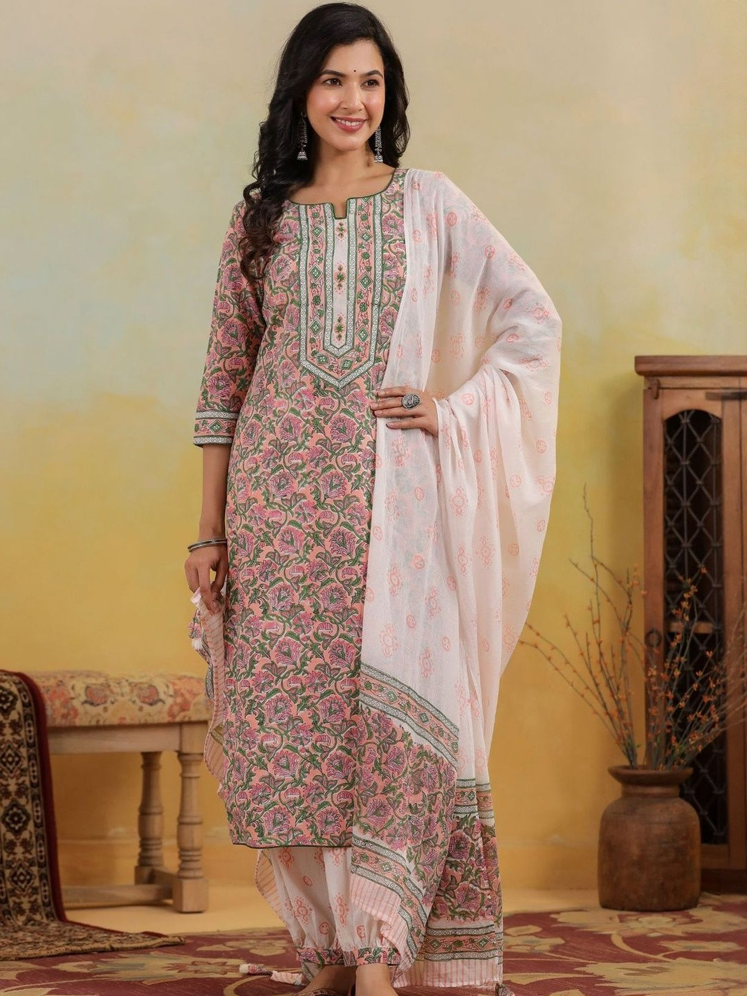 Tushti Women Floral Hand Block Print Pure Cotton Kurta with Salwar & Dupatta