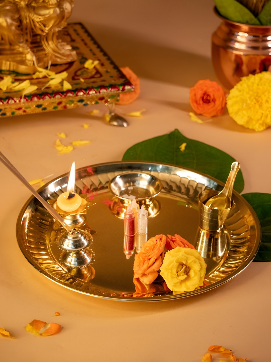 prettykrafts Gold-Toned Brass Diya Aggarbatti Bowl Spoon Glass Pooja Thali