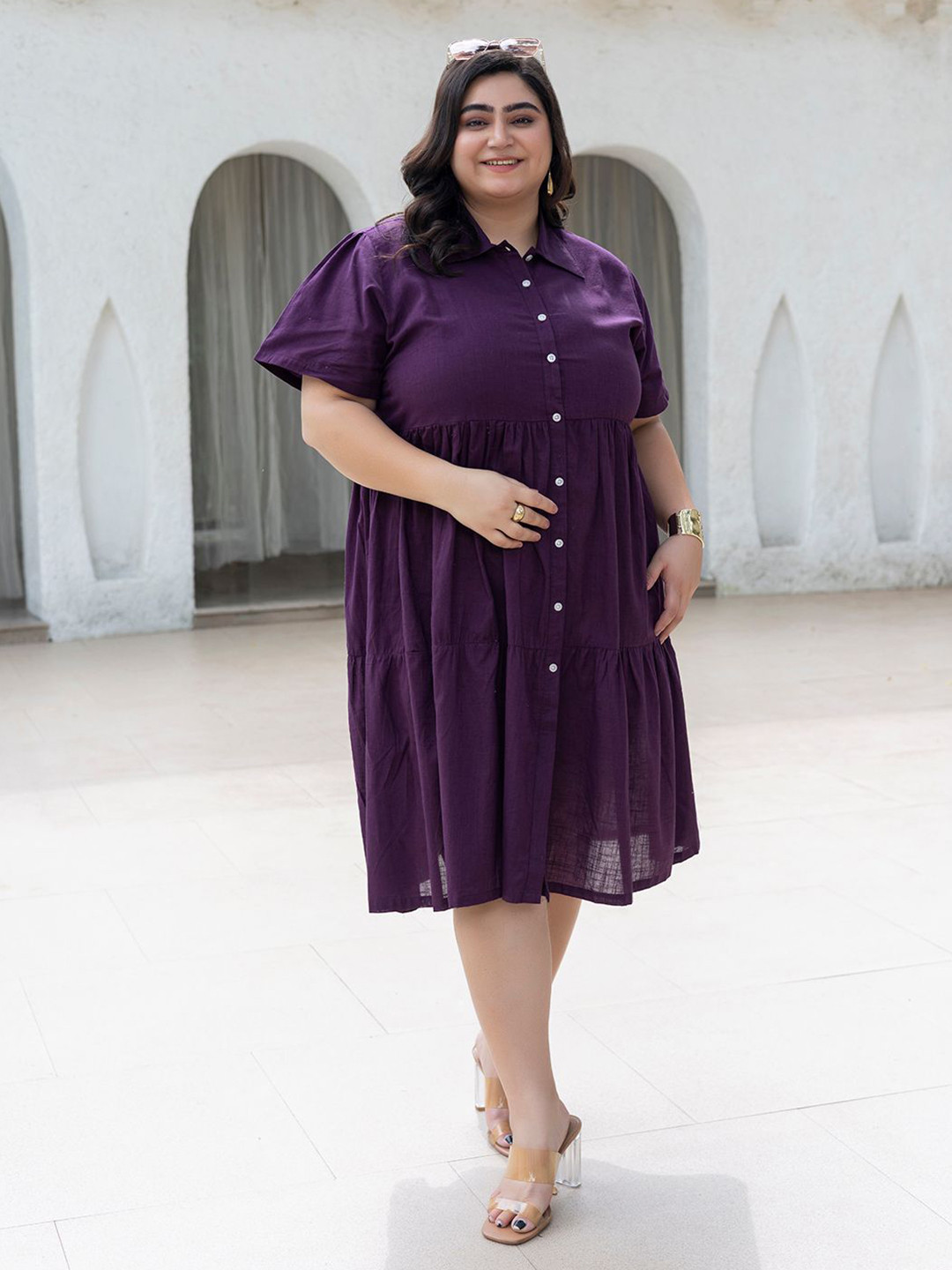 TITTLI Plus Size Puff Sleeve Tiered Cotton Shirt Midi Dress