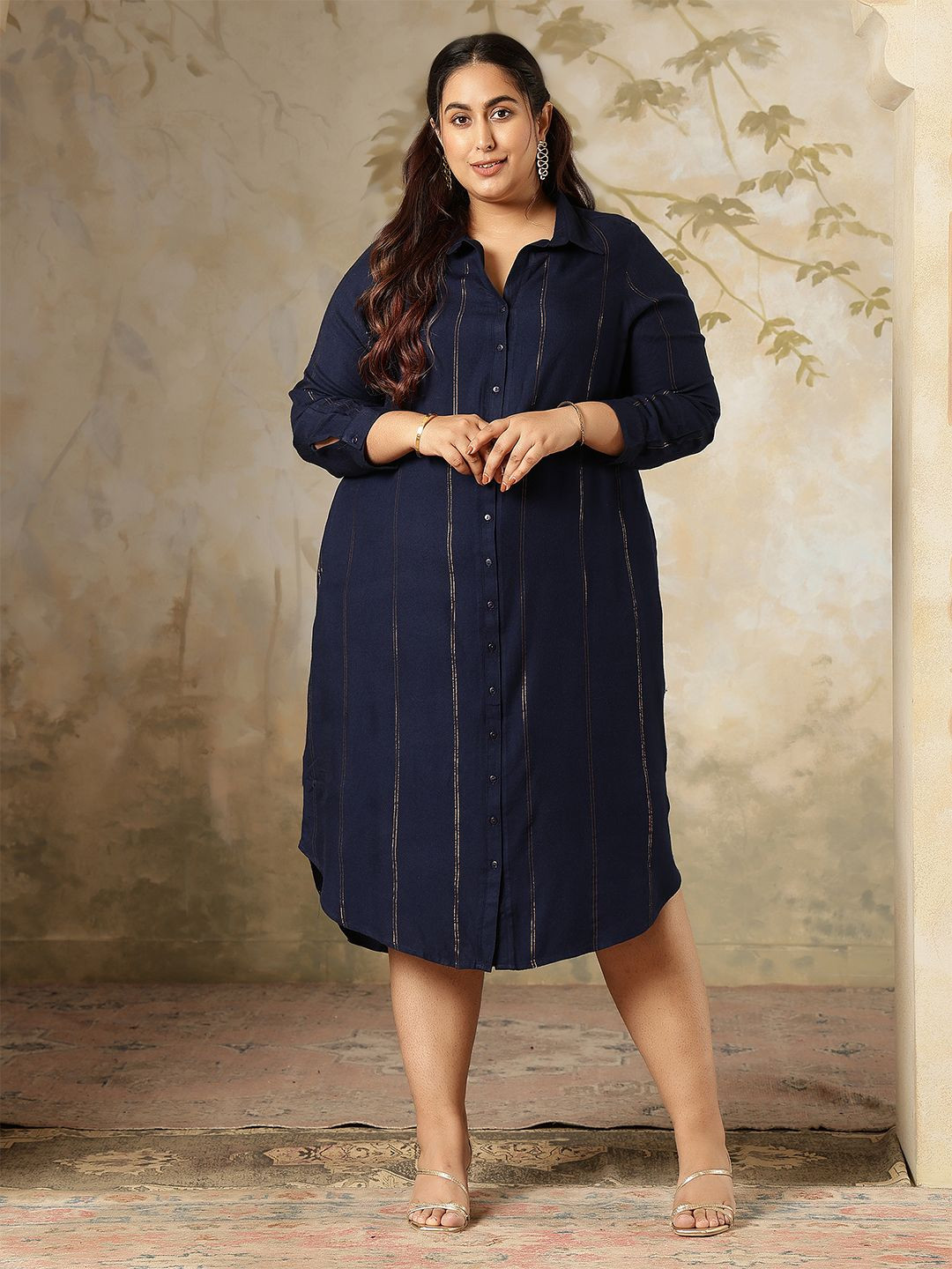 Amydus Women Plus Size Navy Blue Golden Pin Striped Shirt Dress