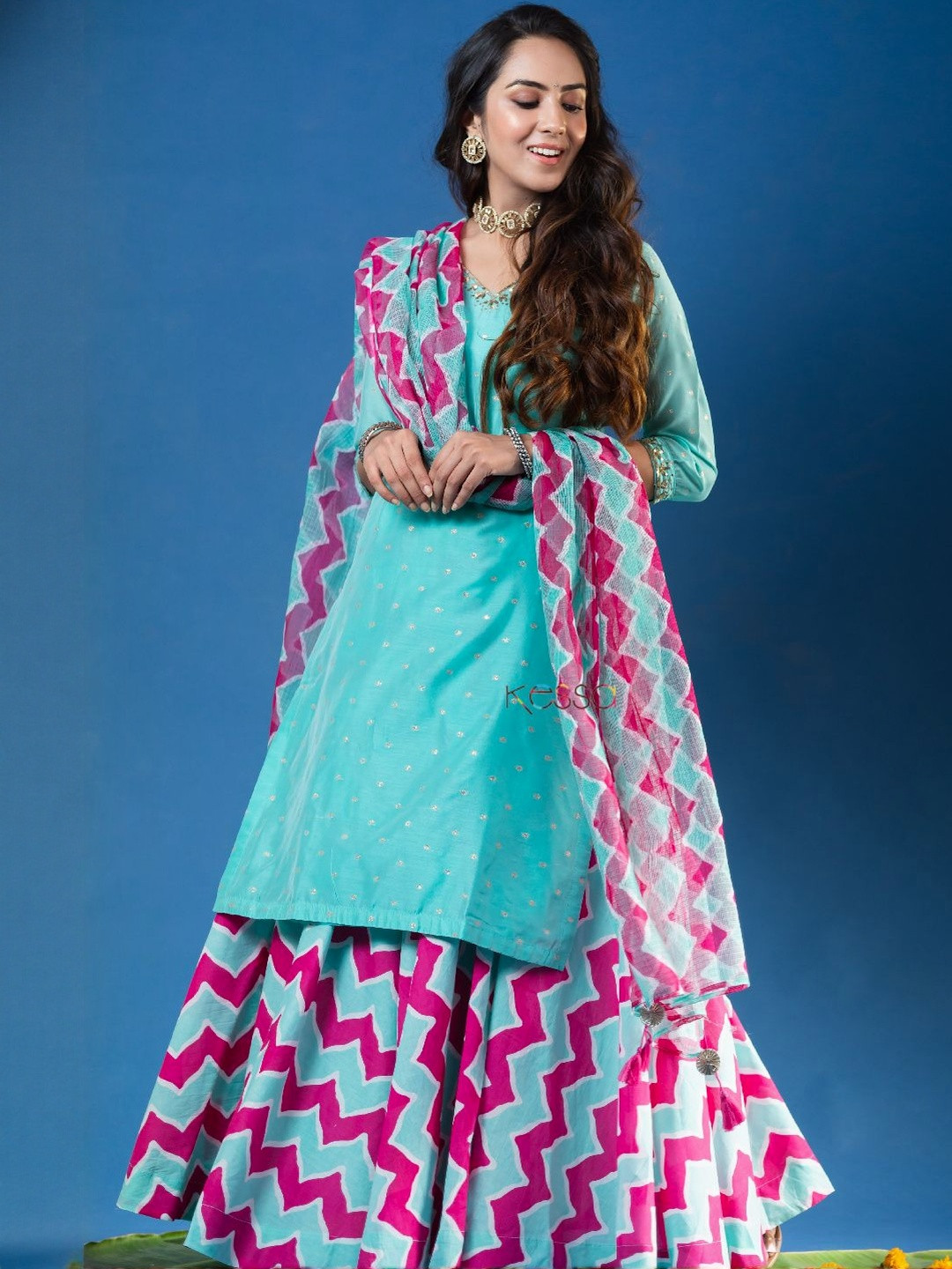 KUSVAA Adrita Chanderi Kurta With Skirt And Kota Doria Dupatta