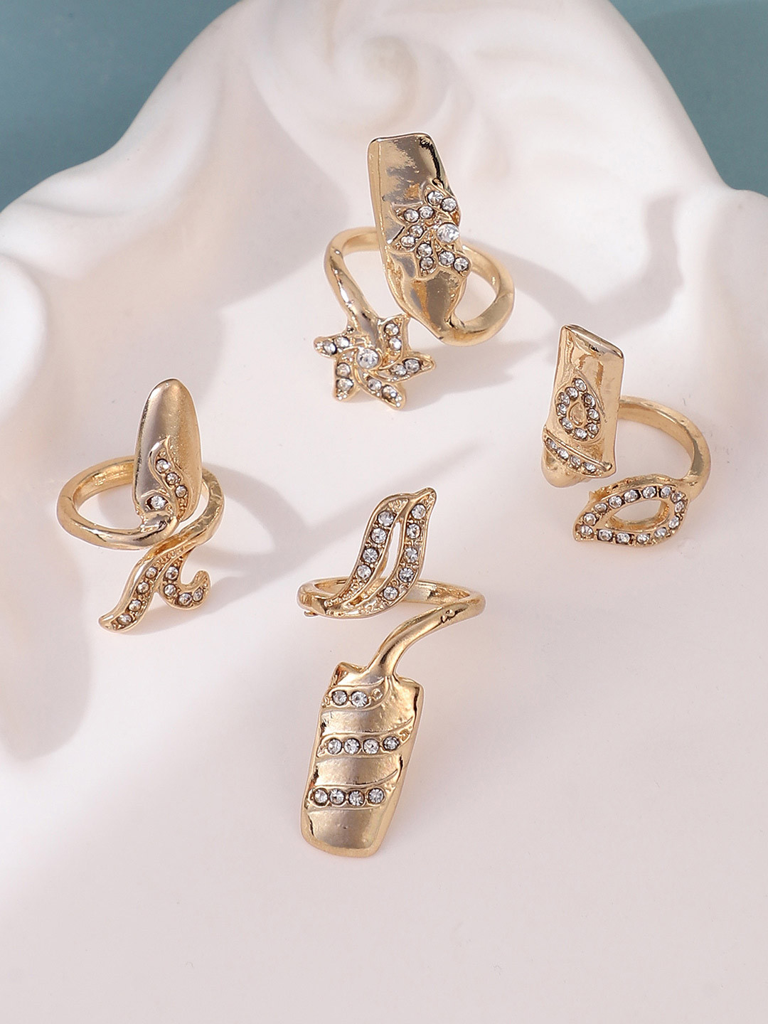 SOHI Set Of 4 Gold-Plated Artificial Stone Studded Botanic Nail Finger Rings