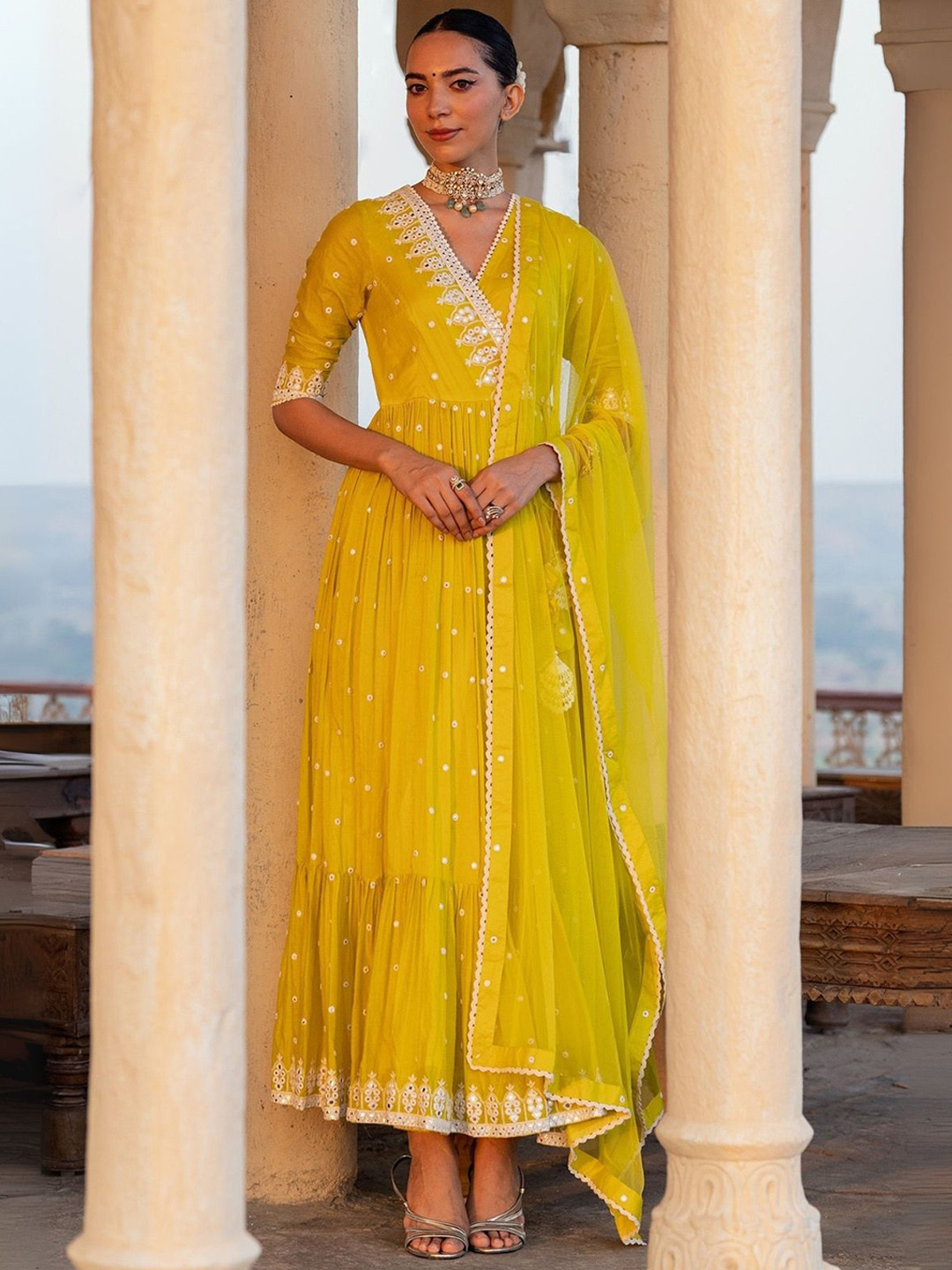 Fusionic Mirror Women Embroidered Tiered Angrakha Anarkali Ethnic Dresses With Dupatta