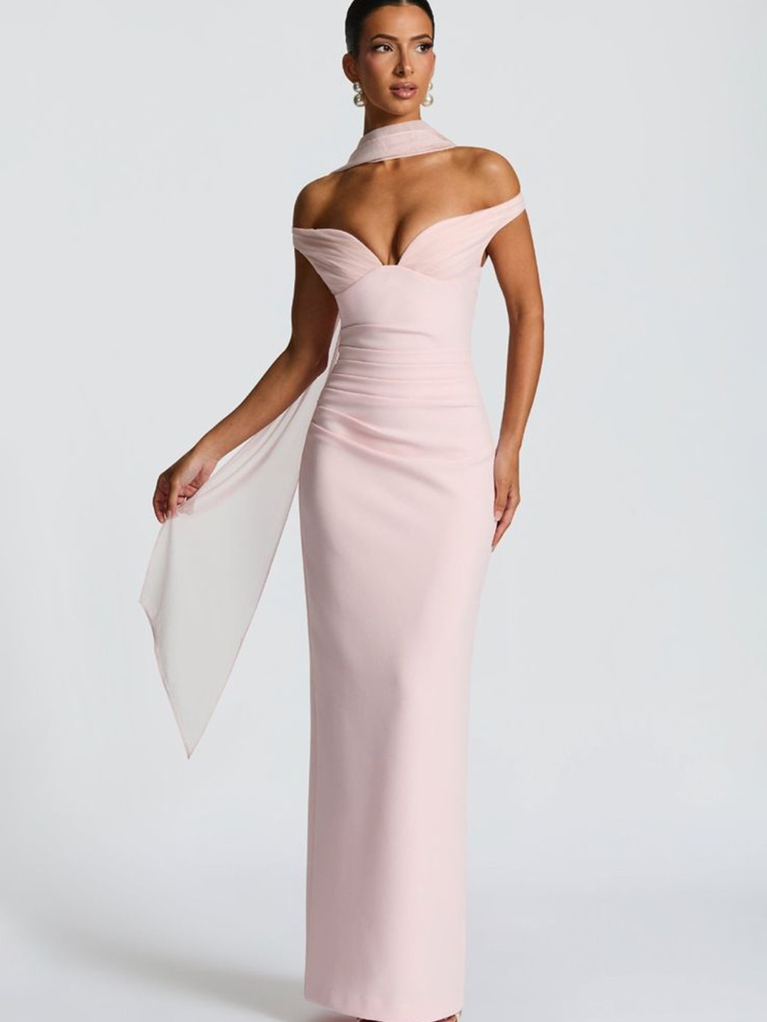 LULU & SKY Women's Solid Off-Shoulder Maxi Sheath Dress With Scarf