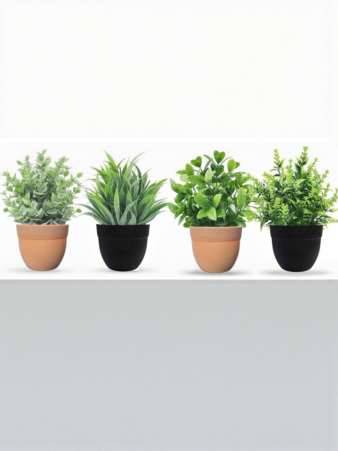 Dekorly Set of 4 Brown Plastic Fern Artificial Flowers & Plants With Pot