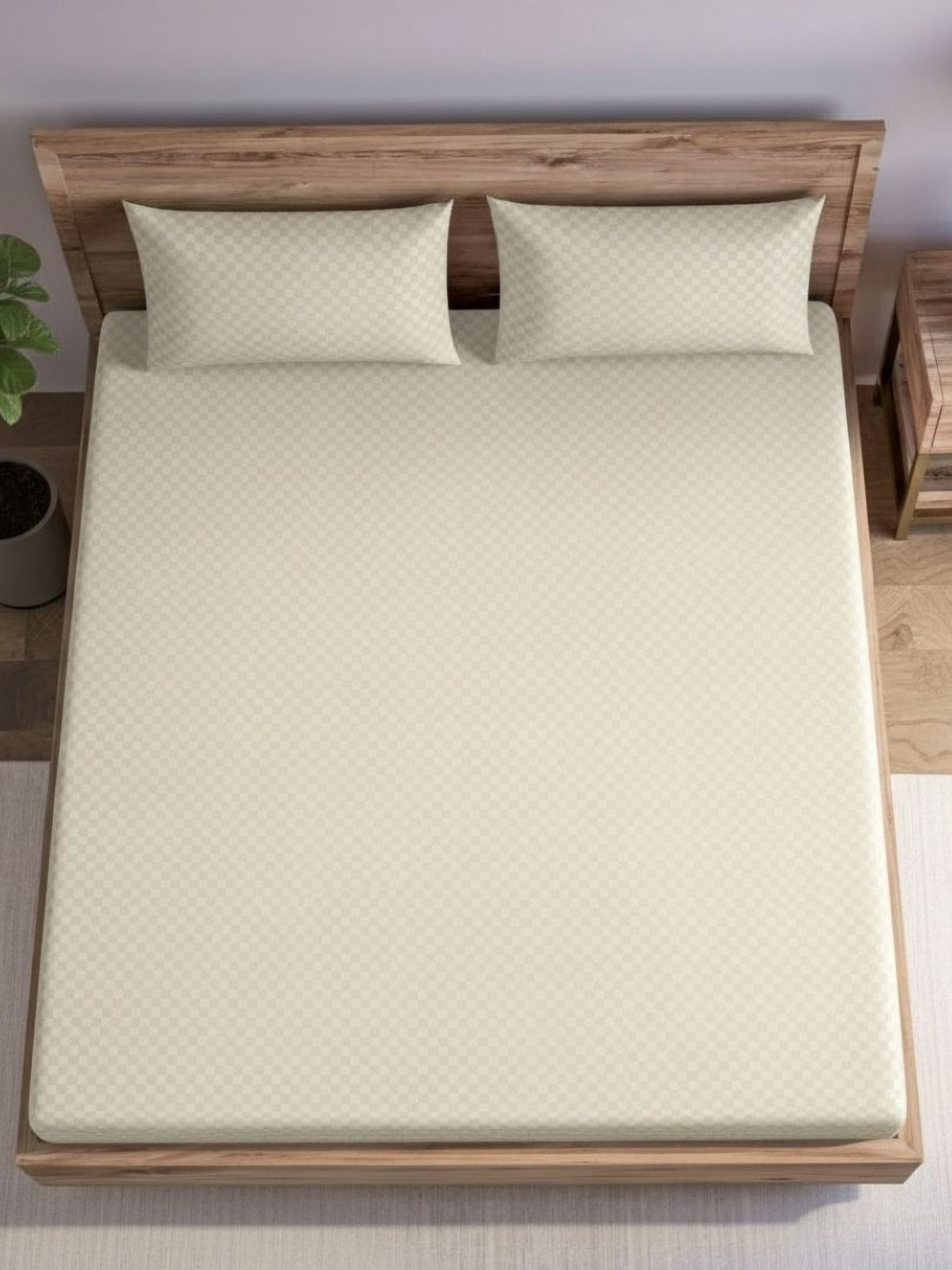 Sleeping Owls Cream Checked Cotton 300 TC Double King Bedsheet Set 2.74 m  x 2.74 m