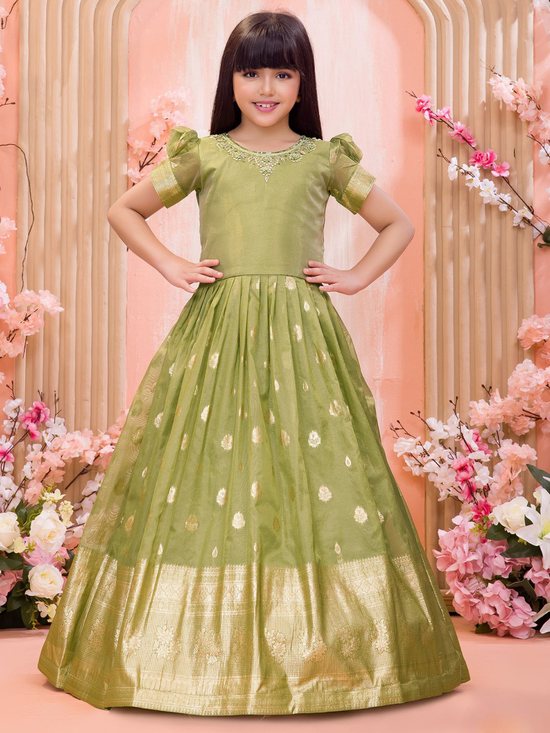 Lagorii Girls Olive Silk Ethnic Gown