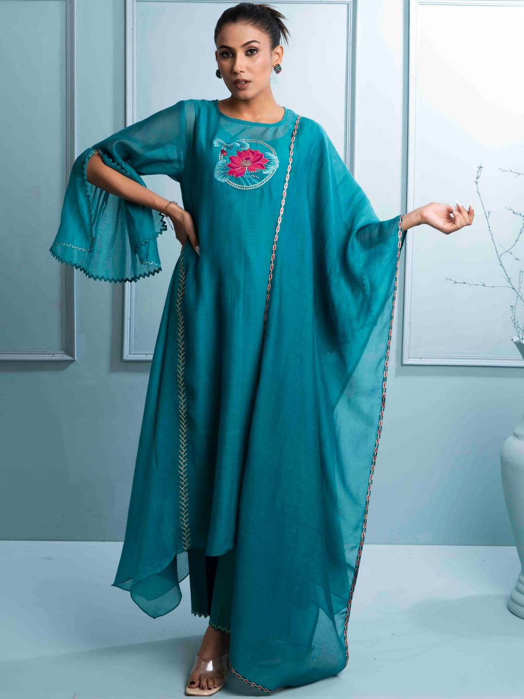 The White Tree Studio Floral Yoke Design Chanderi Cotton Kurta & Trousers With Dupatta