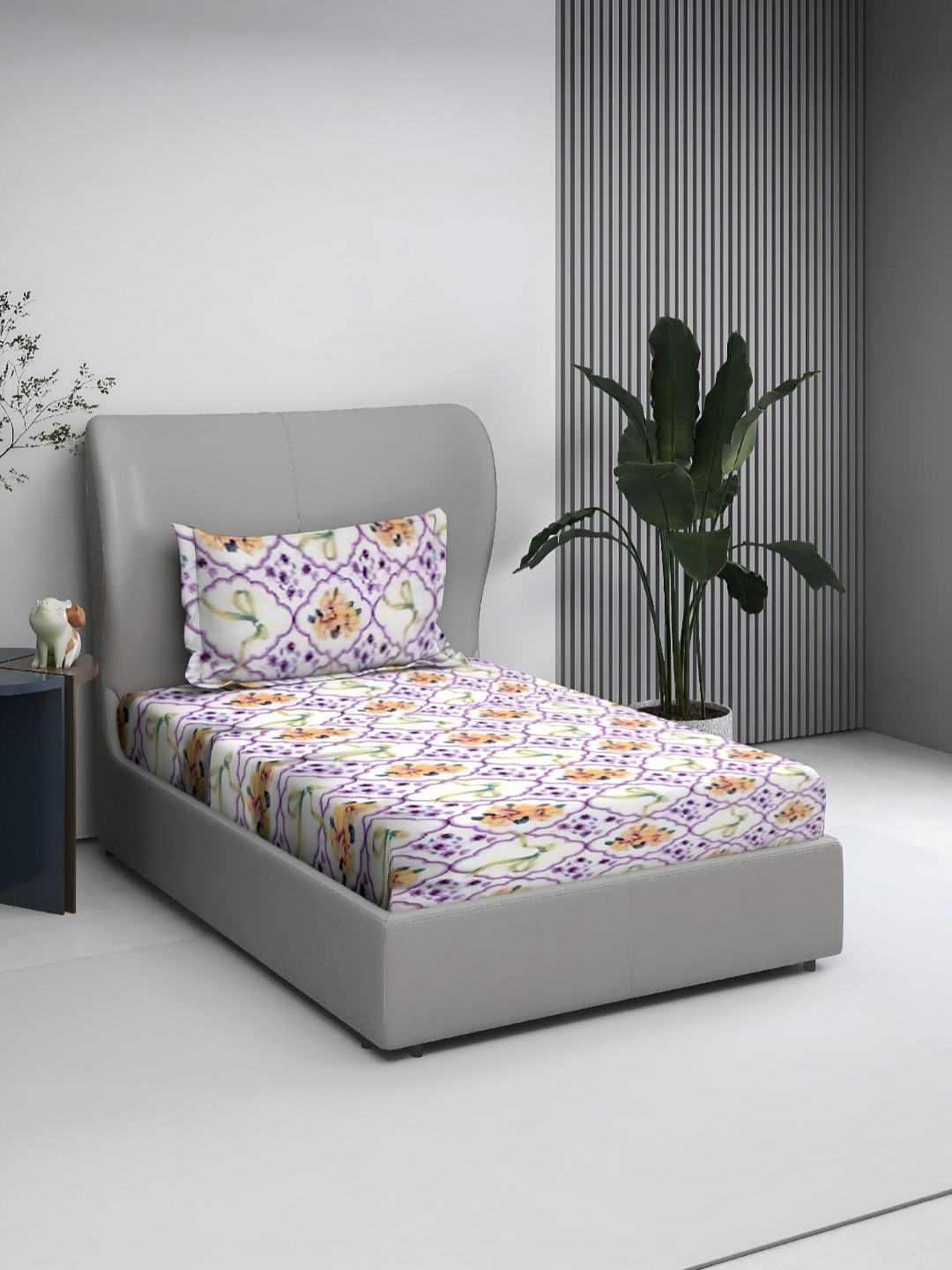BOMBAY DYEING Purple & Green Floral 140TC Pure Cotton Single Bedsheet Set 1.50 m x 2.28 m