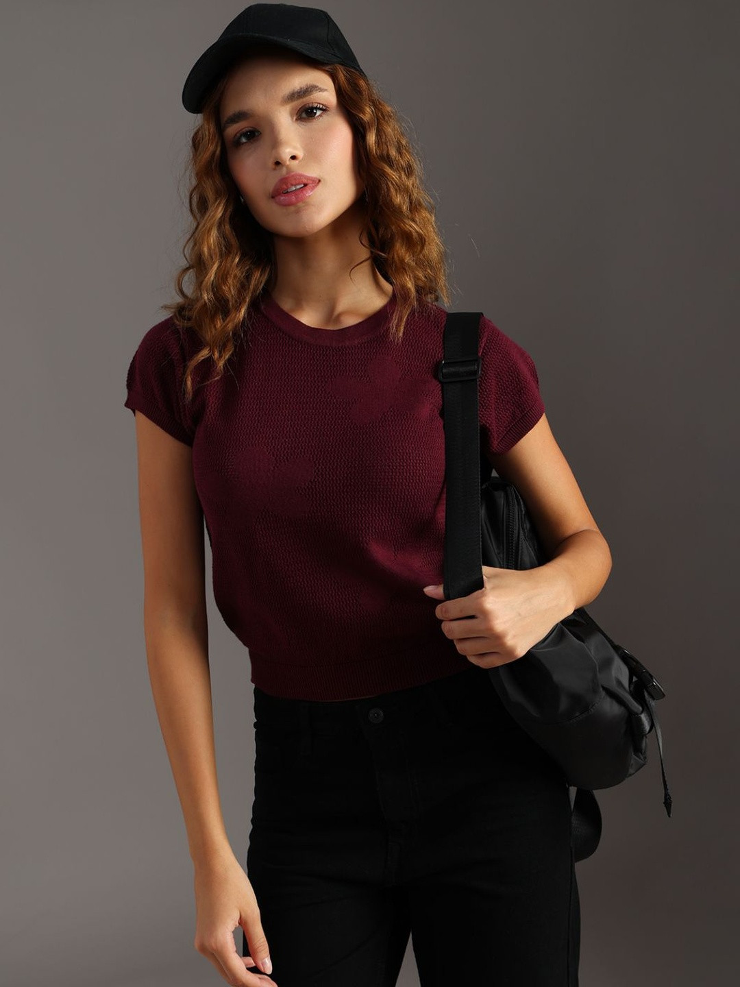 LIMEROAD Women Maroon Western Solid Knitted Round Neck Top