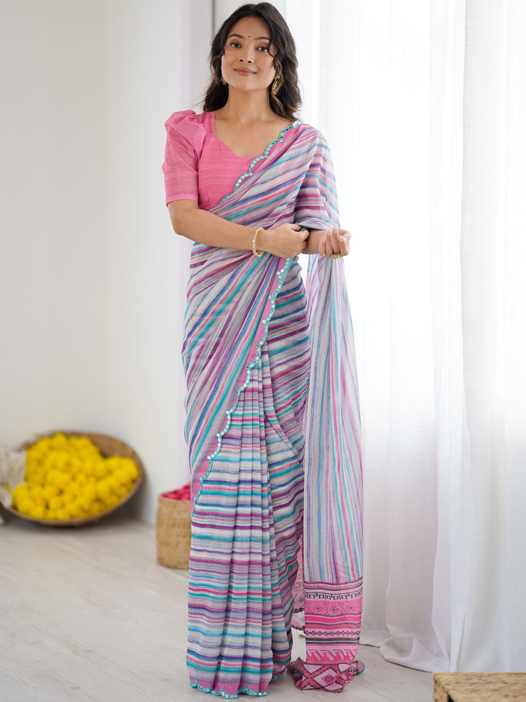 LeeliPeeri Designer Striped Mirror Work Border Saree With Unstitched Blouse Piece