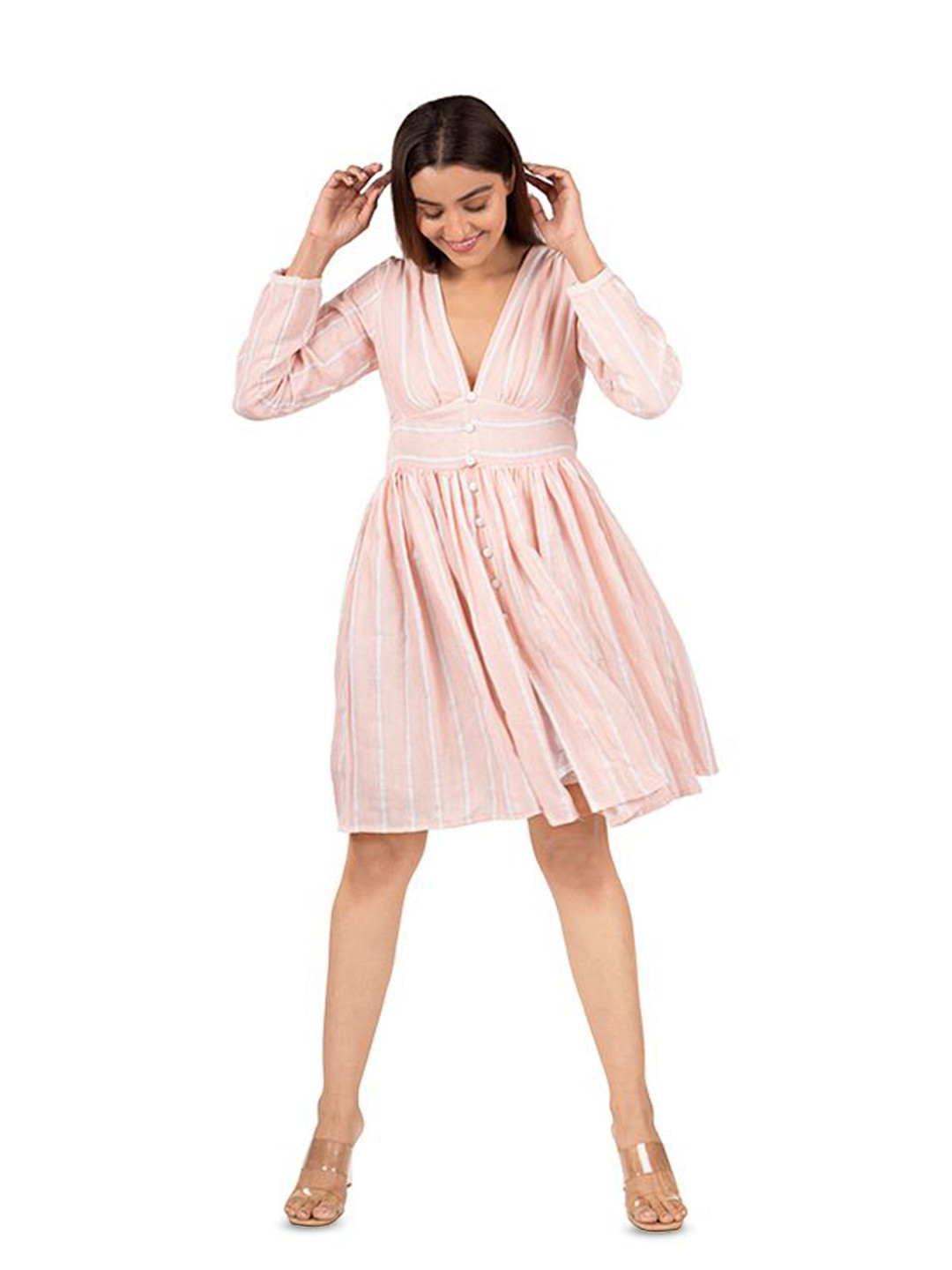 Purple Haze Striped Gathered or Pleated V-Neck Fit and Flare Above Knee Dress