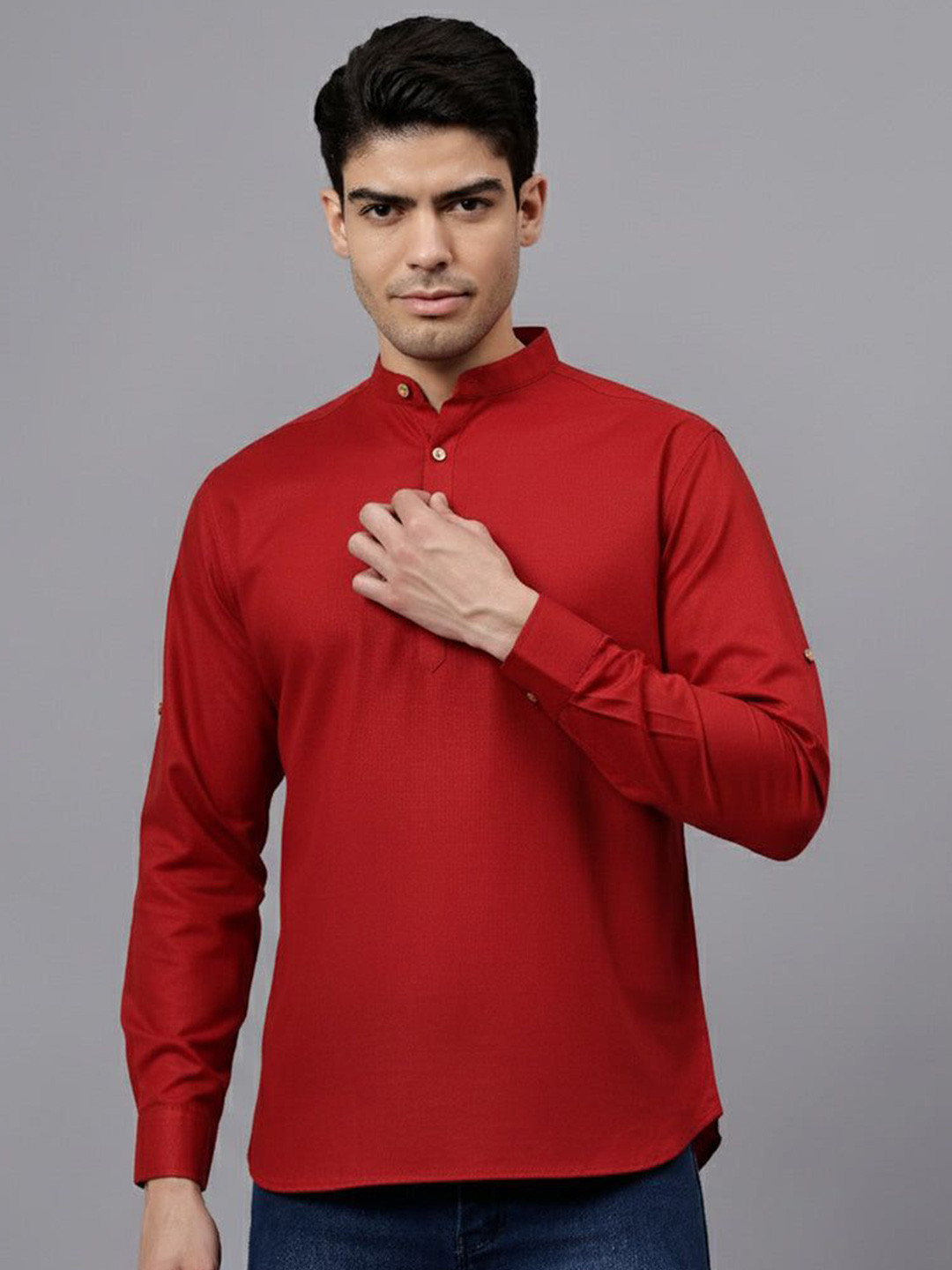 DEVA Traditional Woven Design Mandarin Collar Roll Up Sleeves Straight Cotton Kurta