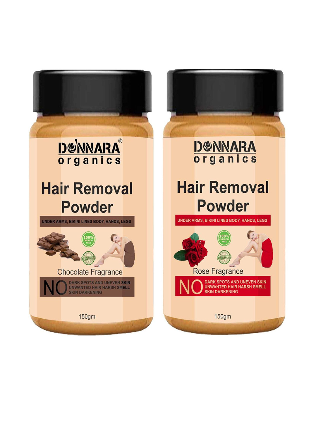 Donnara Organics Set Of 2 Chocolate & Rose Fragrance Hair Removal Powder - 150 g Each